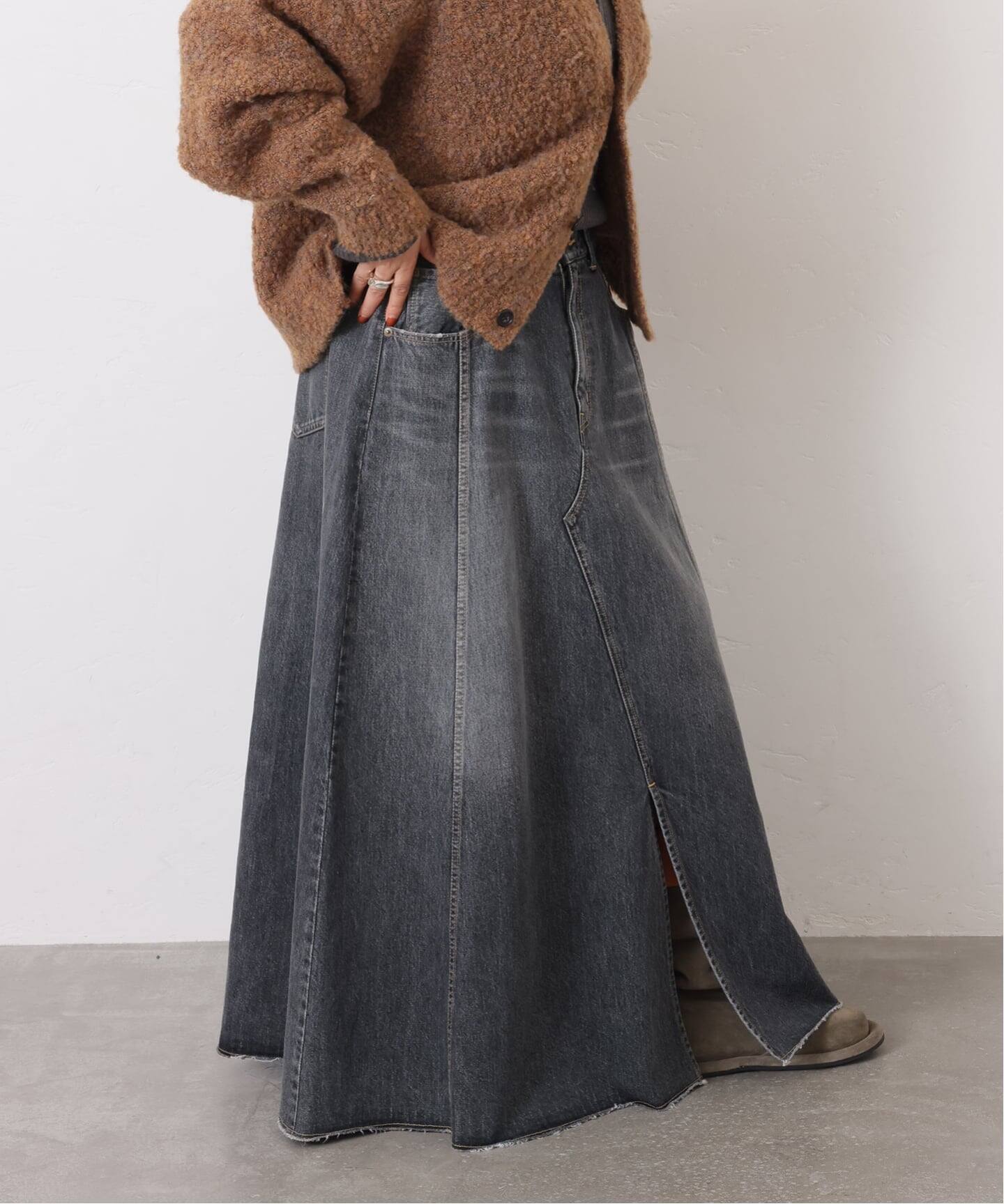 予約》13OZデニム スウィッチスカート（BLK）（ロング・マキシ丈