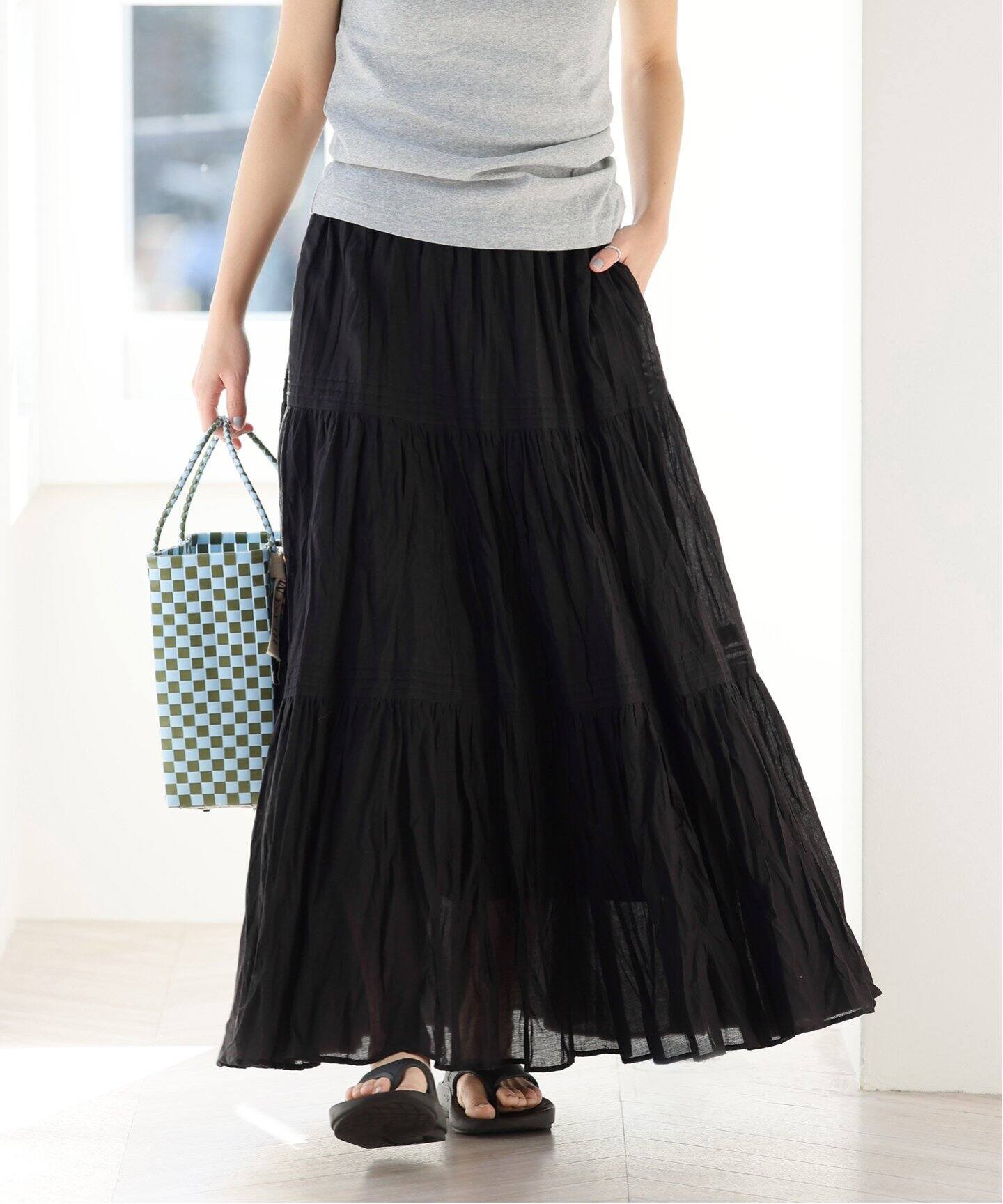 追加》コットンボイルクリンクルティアードスカート（ロング・マキシ丈  