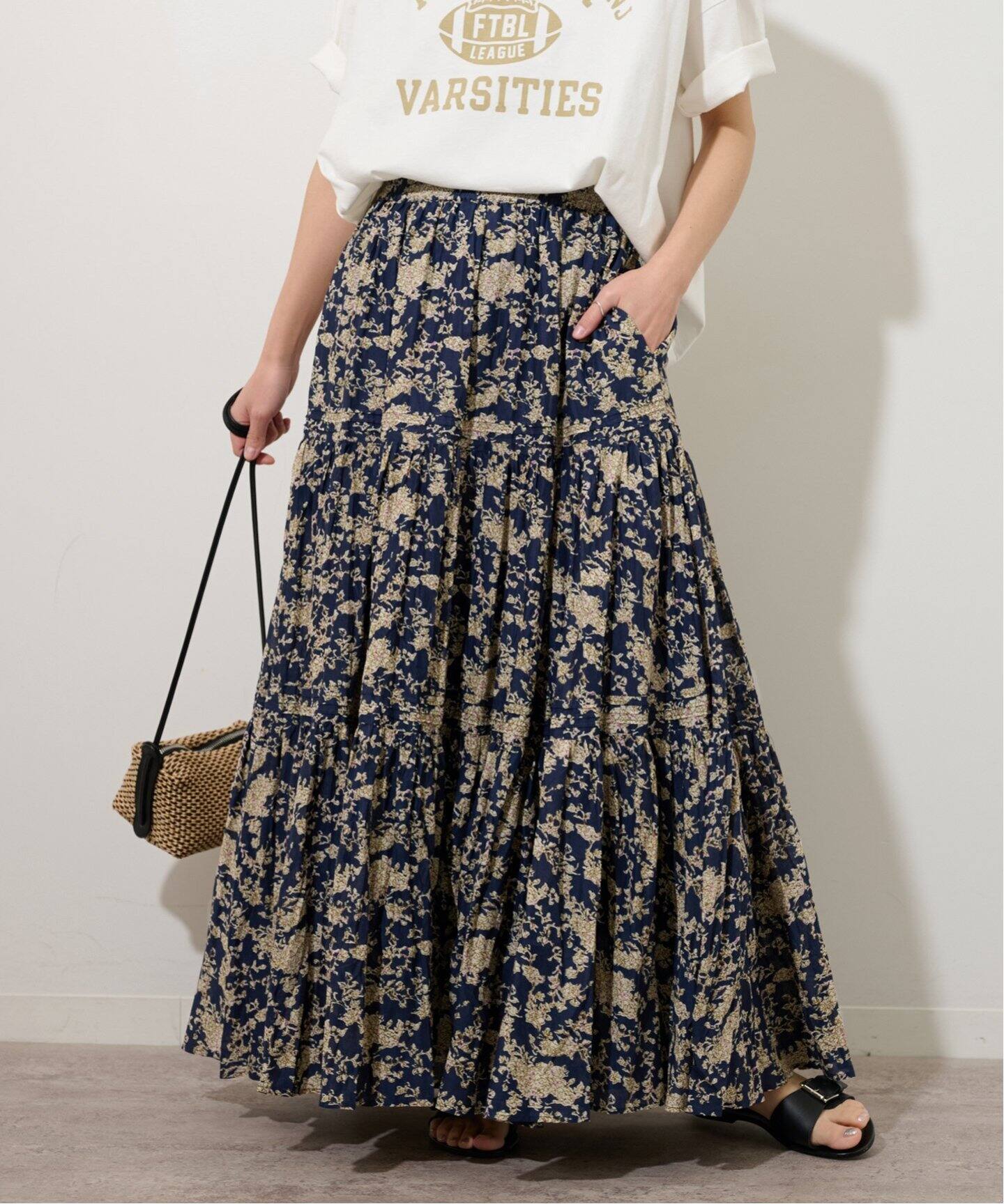 追加》コットンボイルクリンクルティアードフラワー（ロング・マキシ丈  