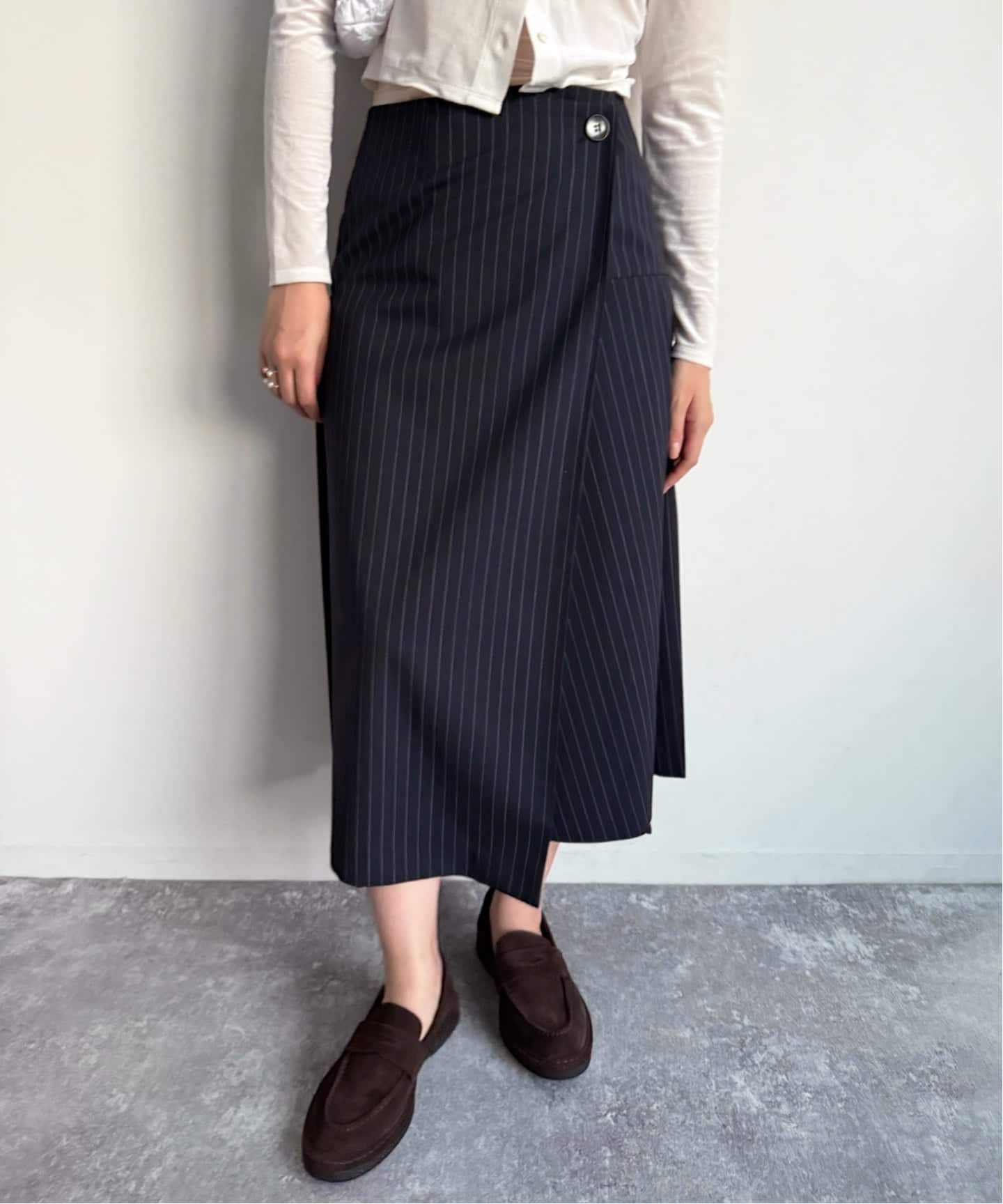 45R リネンツィード ラップスカート ネイビーピンストライプ （フリーサイズ） 45R リネンツィード ラップスカート ネイビーピンストライプ