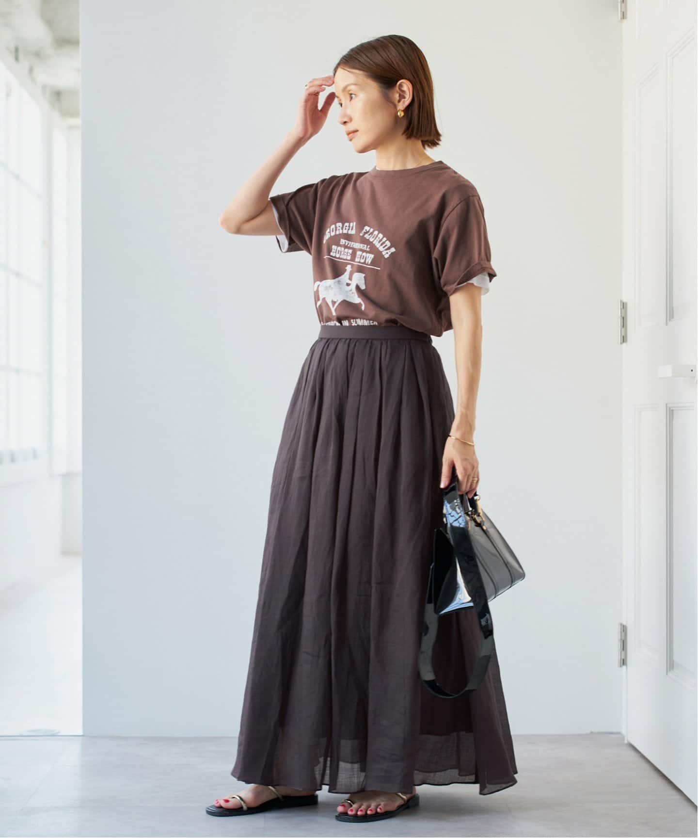 IENA イエナ ラミープリーツスカート ロングスカート フレア ブラウン ラミーギャザーロングスカート（ロング・マキシ丈スカート