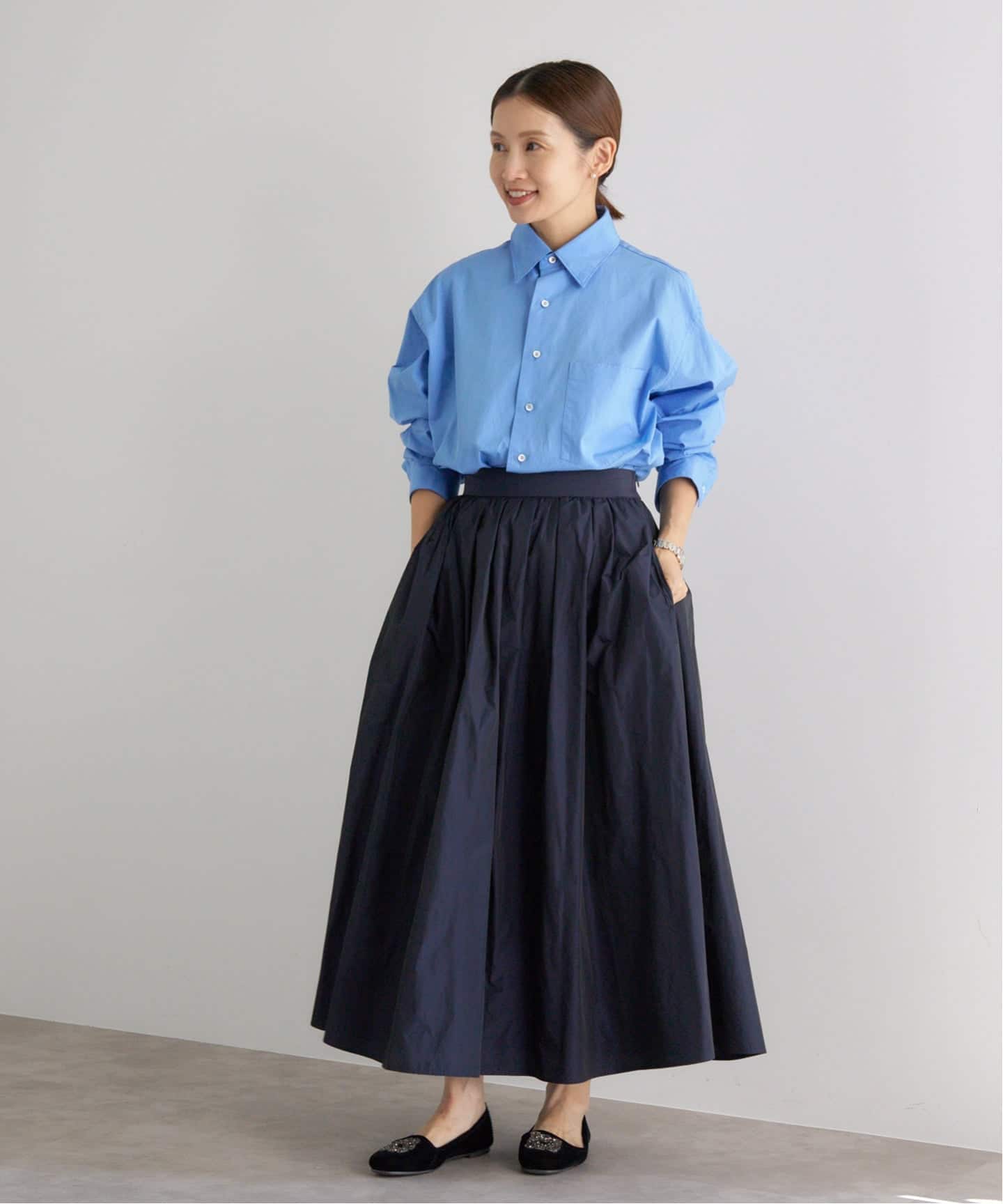 ☆新品 未使用品☆ IENA ネイビー フレアロングスカート 追加2・一部店舗限定》タフタフレアスカート（ロング・マキシ丈