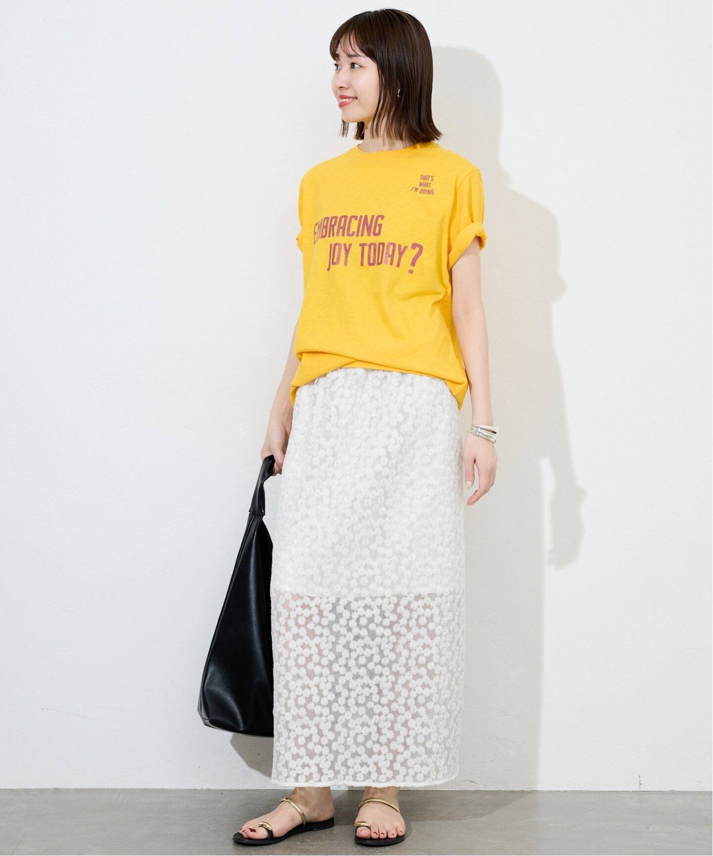 B7123■スローブイエナ ウォッシャブル フラワーブーケ スカート 刺繍フラワーレースティアードパイピングスカート(F イエロー