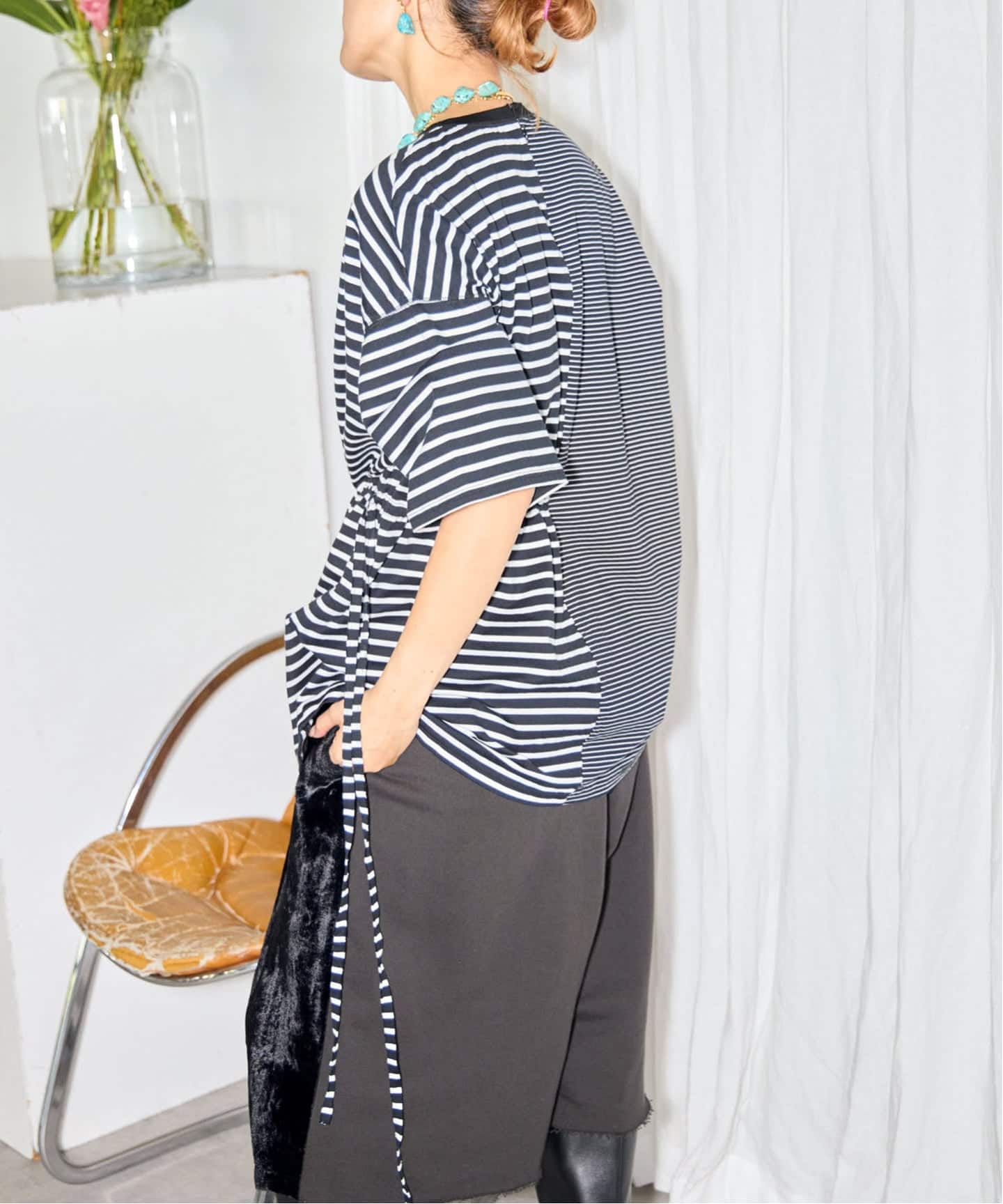 CITYSHOP　GATHERRING LONG TEE チェック ONESIDE GATHER TOP：カットソー（Tシャツ／カットソー