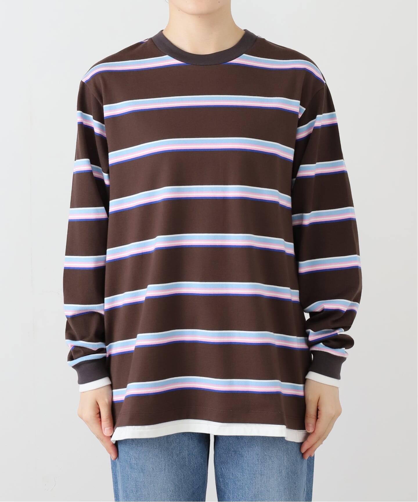 JOHN MASON SMITH ジョン メイソン スミス 25AW COTTON BORDER LAYERED L/S T-SHIRT ロングスリーブボーダーカットソー  ブラウン M JOHN MASON SMITH ジョン メイソン スミス 25AW COTTON BORDER LAYERED