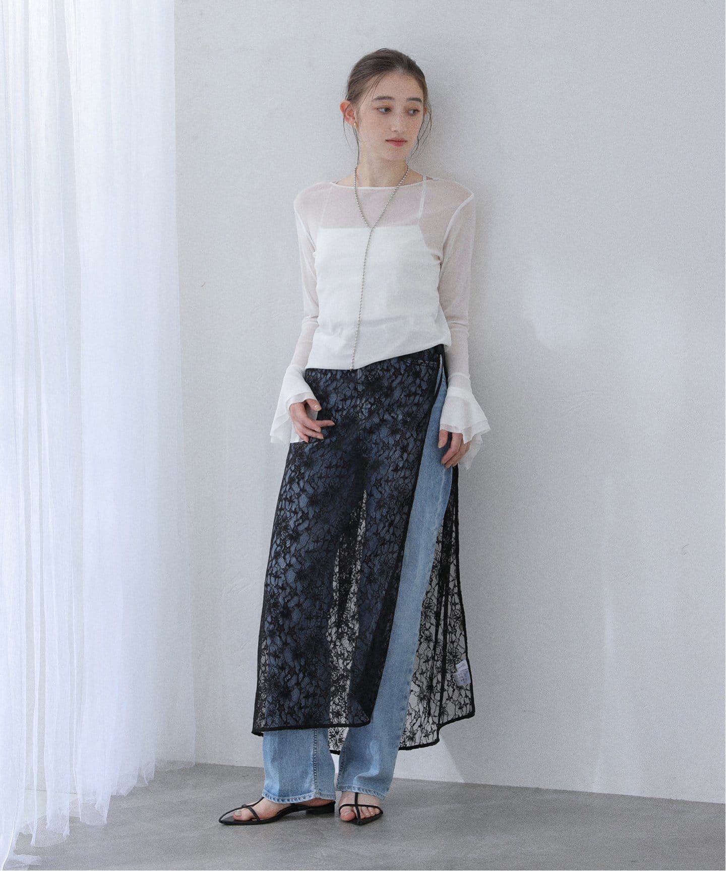 tシャツ 「洗える」袖フレアチュールカットソー レディース 洗える】袖フレアチュールカットソー（Tシャツ／カットソー
