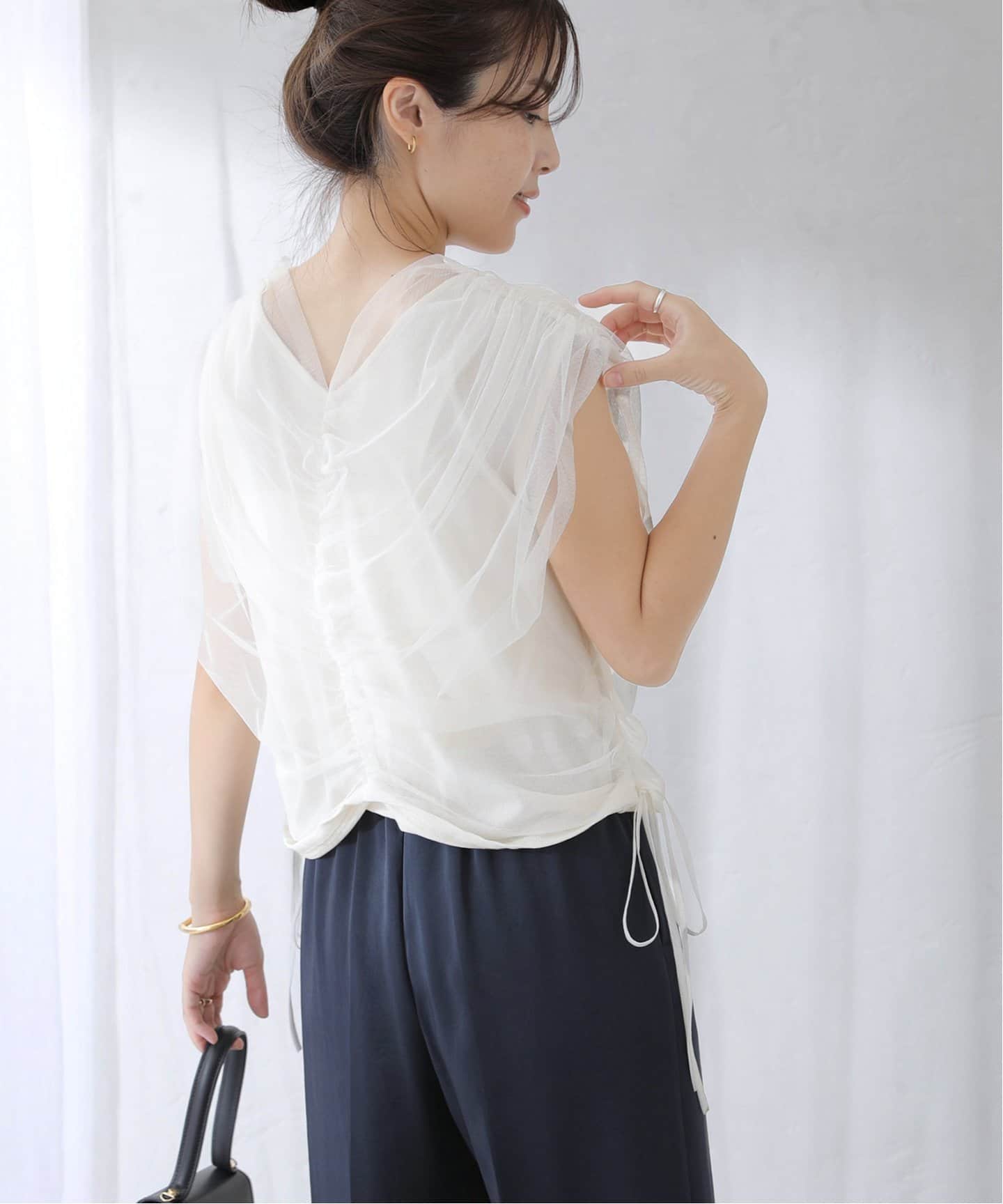 洗える】チュールレイヤードギャザーカットソー（Tシャツ／カットソー