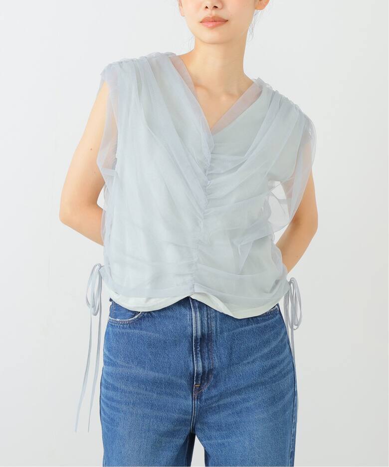 洗える】チュールレイヤードギャザーカットソー（Tシャツ／カットソー 