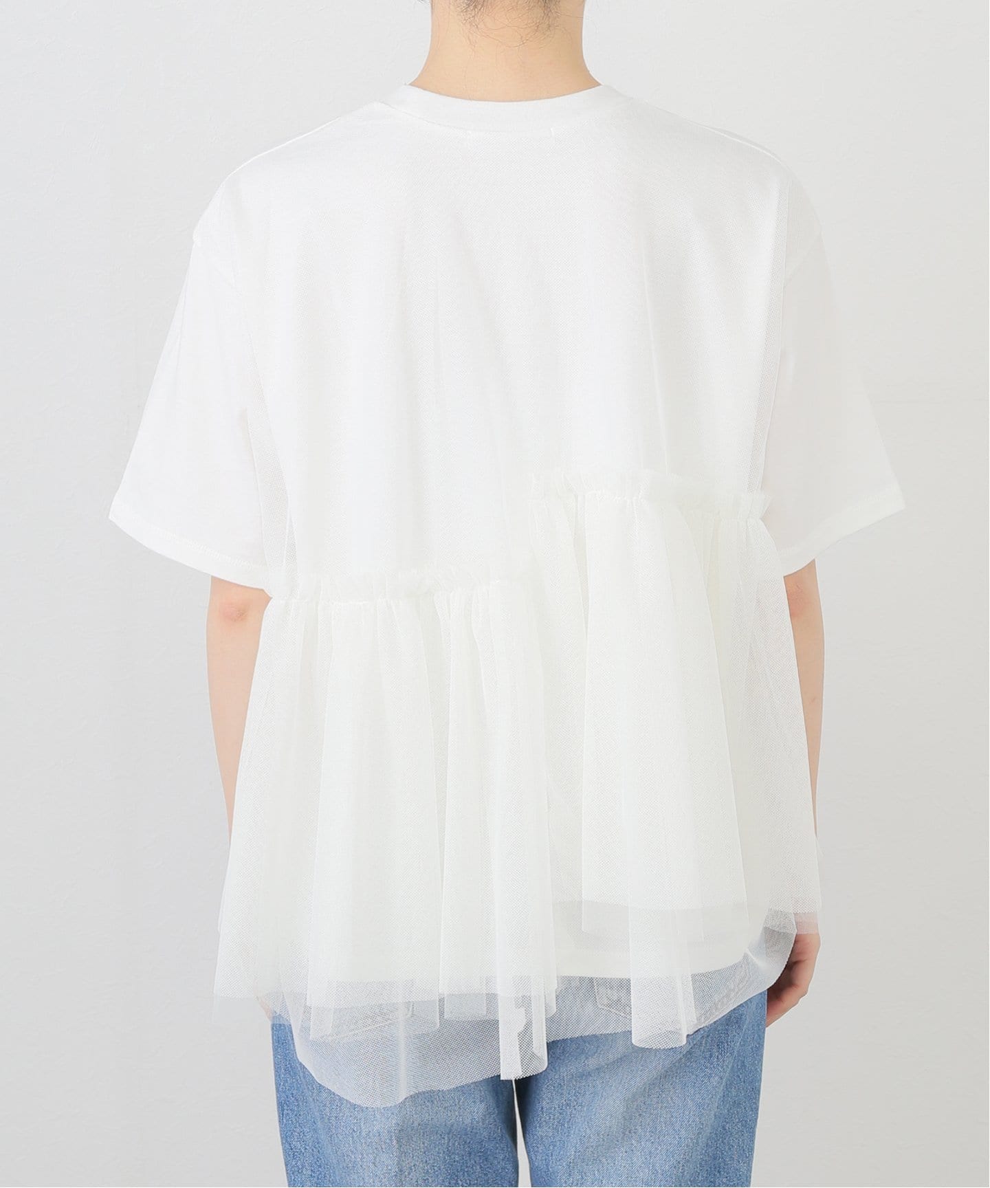 MARECHAL TERRE☆リブチュールトップス☆白☆未使用 洗える】MARECHAL TERRE/マルシャルテル チュールカットソー（Tシャツ