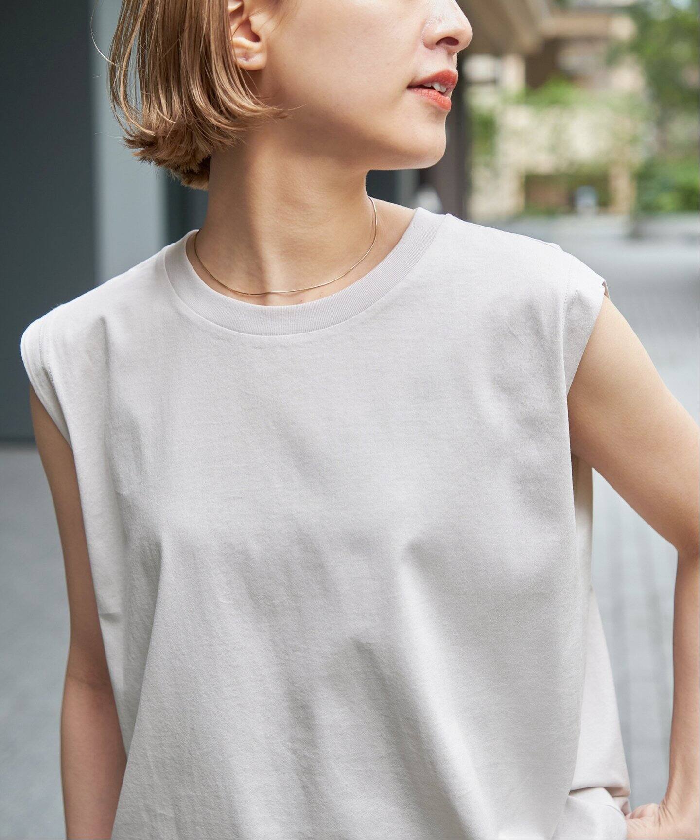 spick&spanファインコットンノースリーブプルオーバー ホワイト＆グレー 追加2》ファインコットンノースリーブプルオーバー（Tシャツ