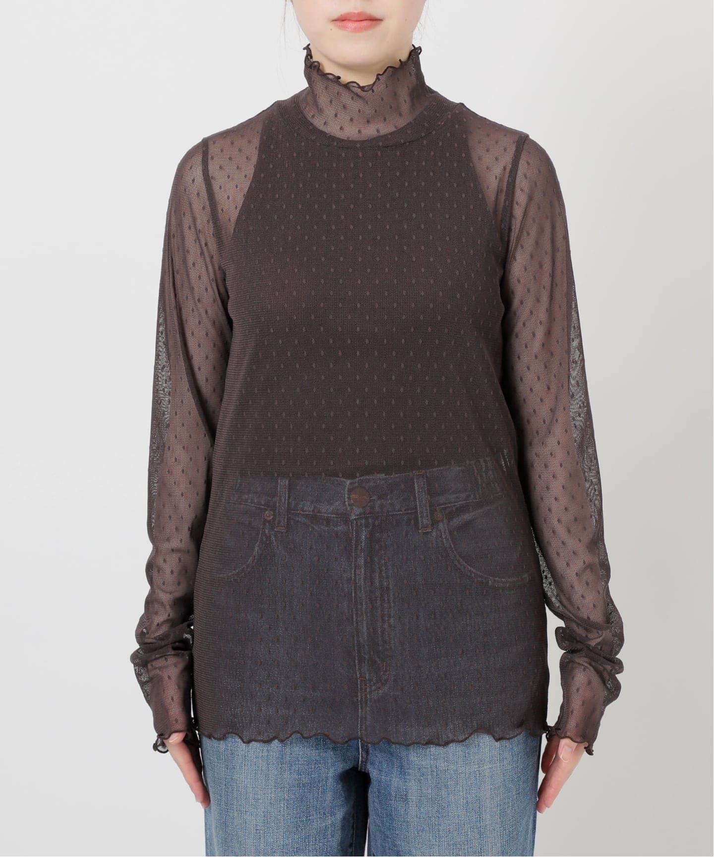 Spic＆Span　ドットチュールハイネックプルオーバー　ブラウン 追加》ドットチュールハイネックプルオーバー（Tシャツ／カットソー