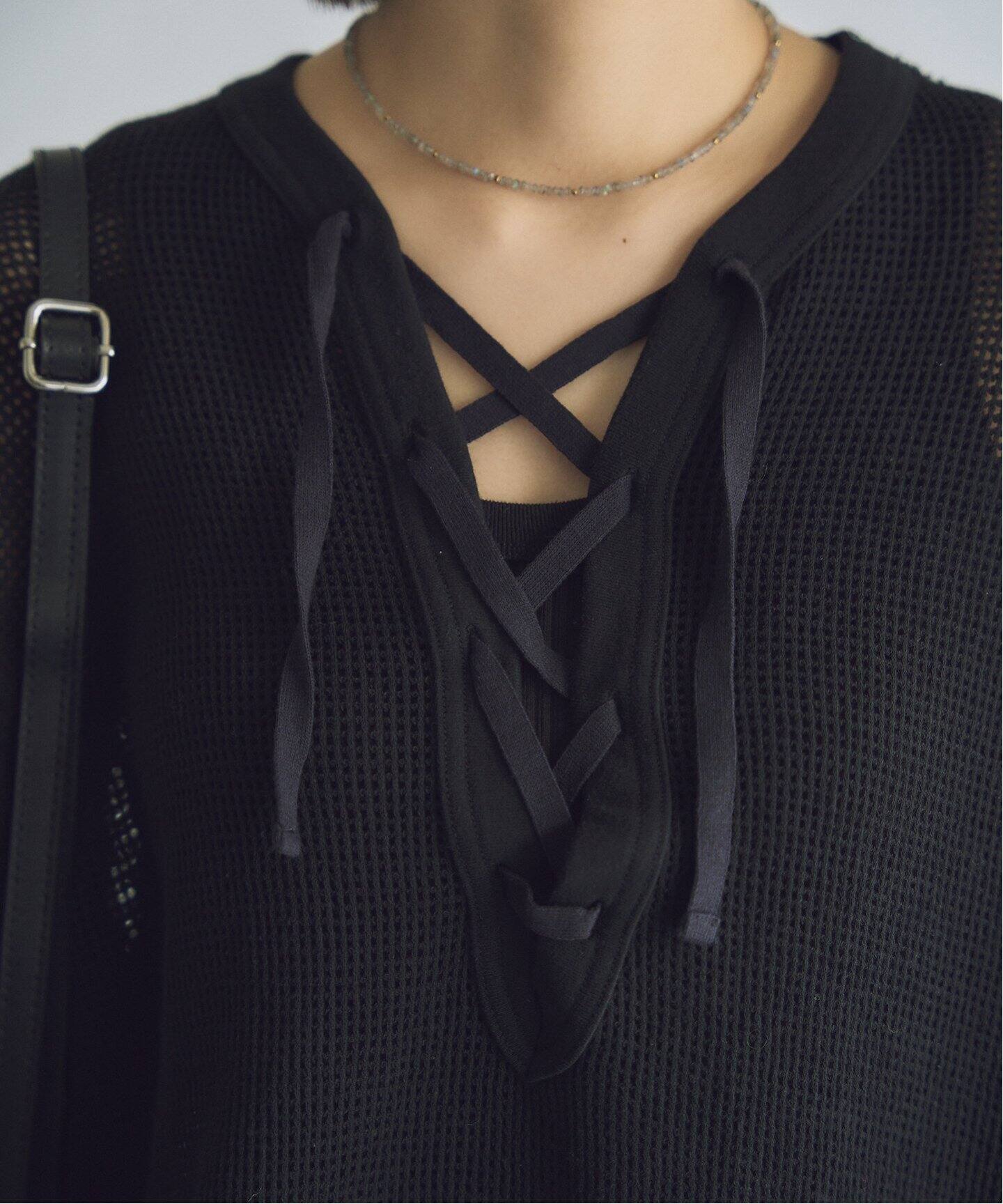 PHEENY Basket mesh 黒 PHEENY Basket mesh lace up L/S PS25- CS14：カットソー（Tシャツ
