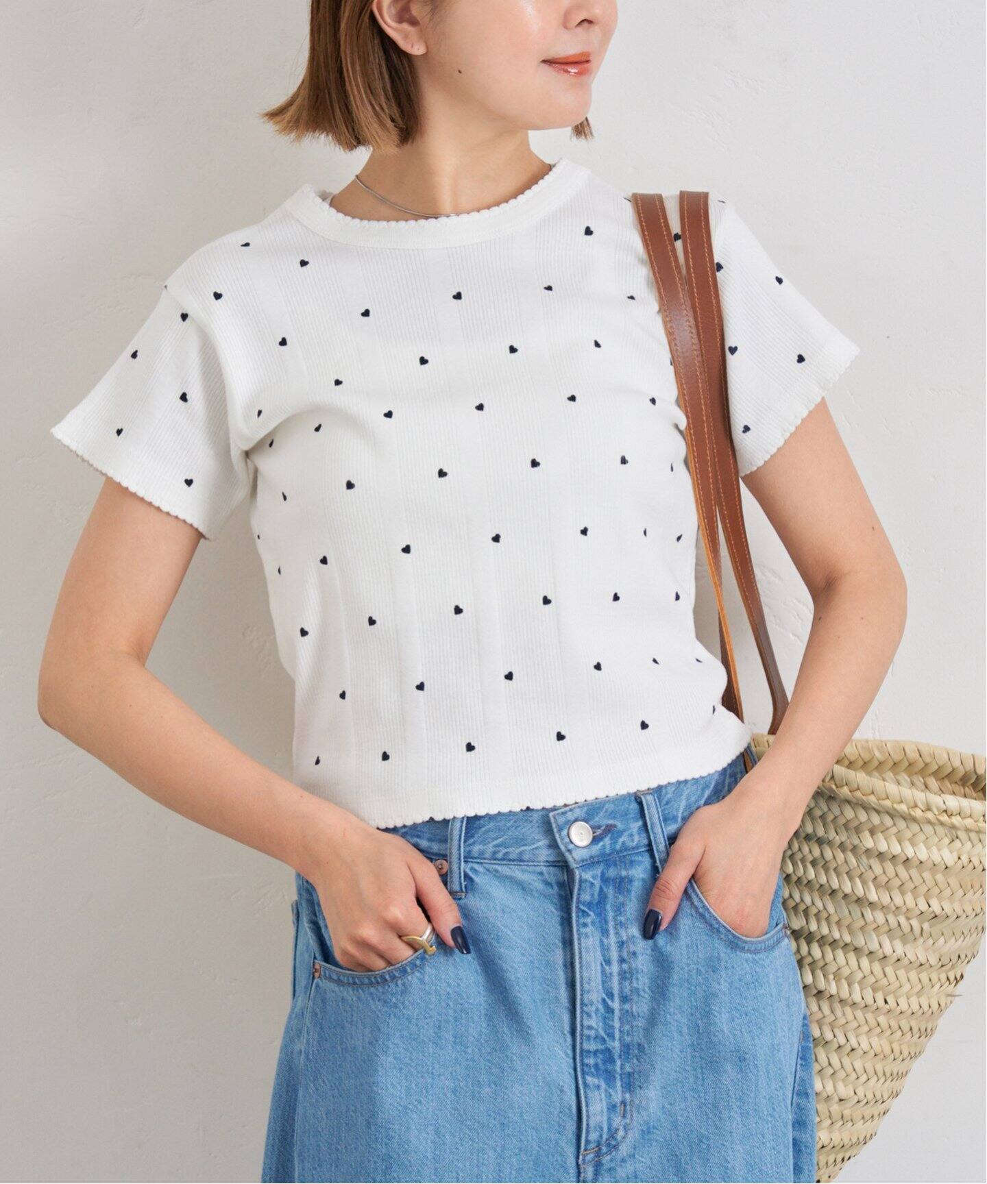 U by SPICK&SPAN 針抜きリブハートグレートップス新品 U by SPICK&SPAN tシャツ 針抜きリブハートプリントトップス