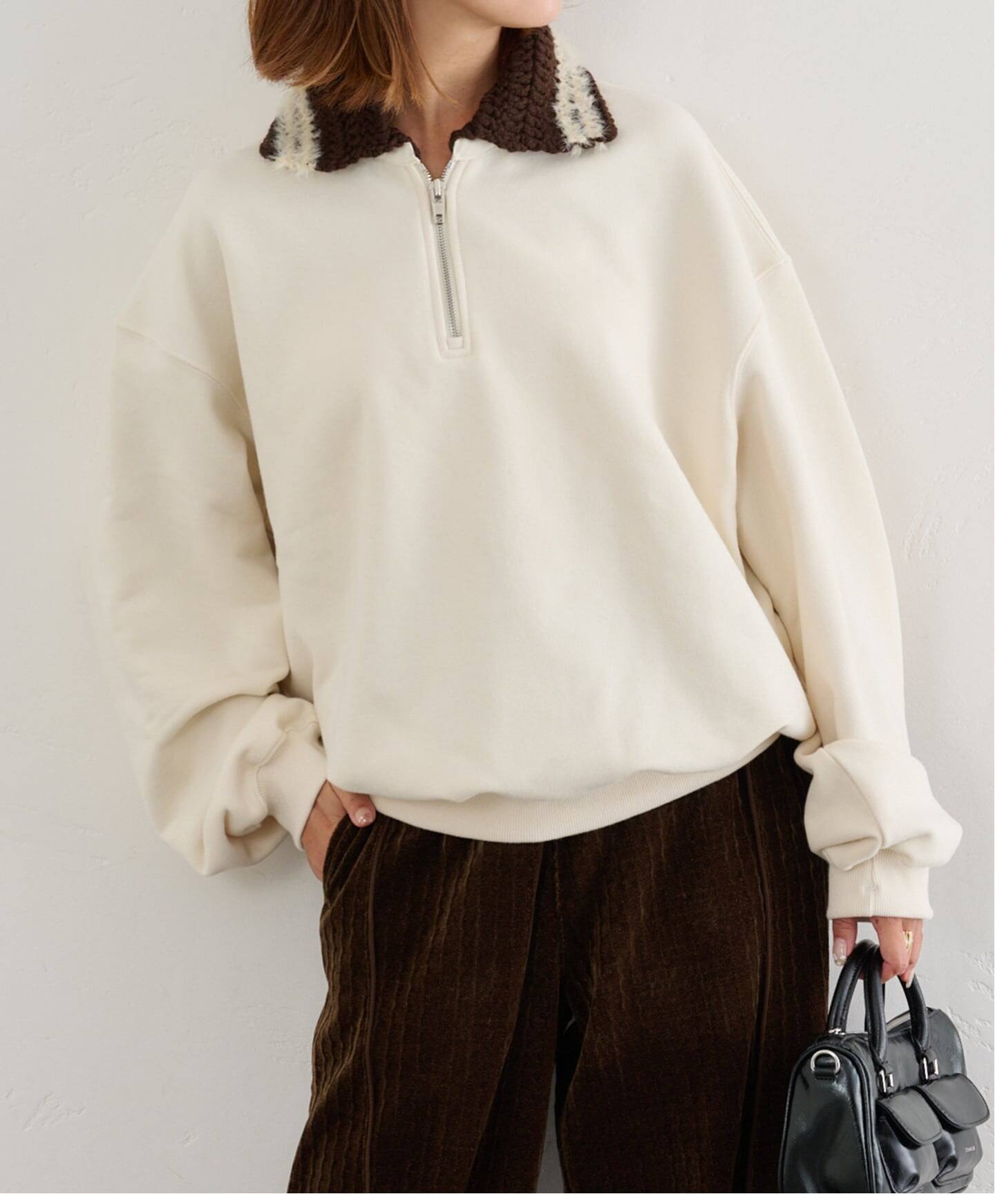 sorin Uネック新品未開封 TOP ページュ　38 最終価格 KIJUN/キジュン Crochet Collar Half Zip-Up Pullover（スウェット