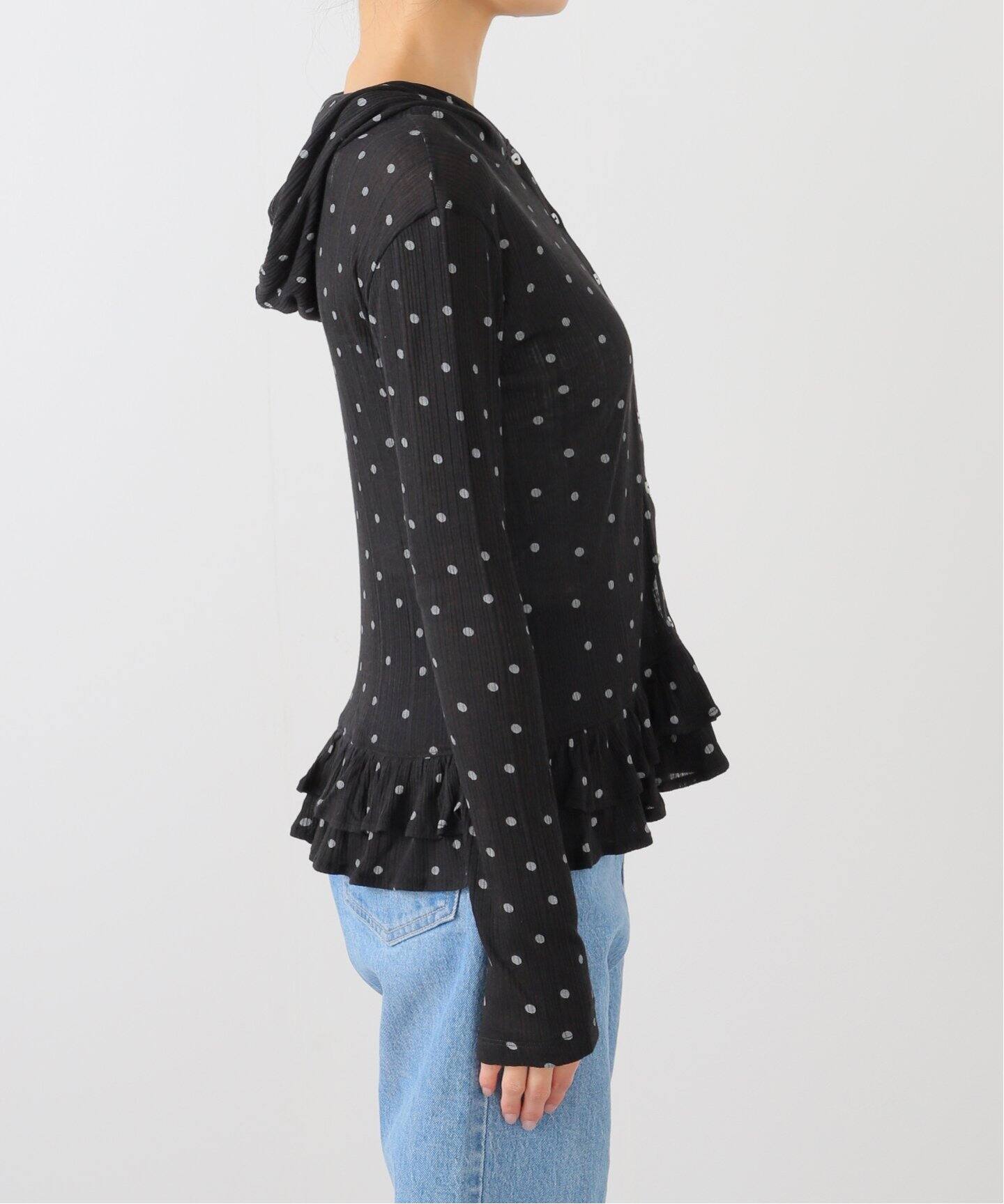 CRANK/クランク DOT FRILL SHEER HOOD CARDIGAN（カーディガン