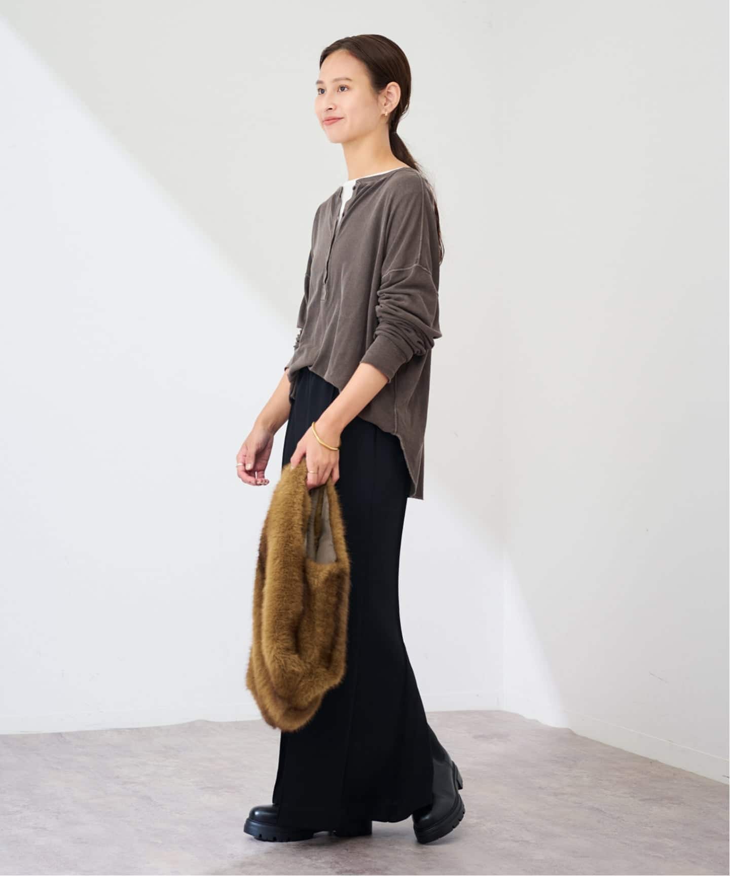 FRAMEWORK 新作 サーフヘンリーTee ブラウン FRAMeWORK tシャツ 「追加」サーフニットヘンリーTee レディース