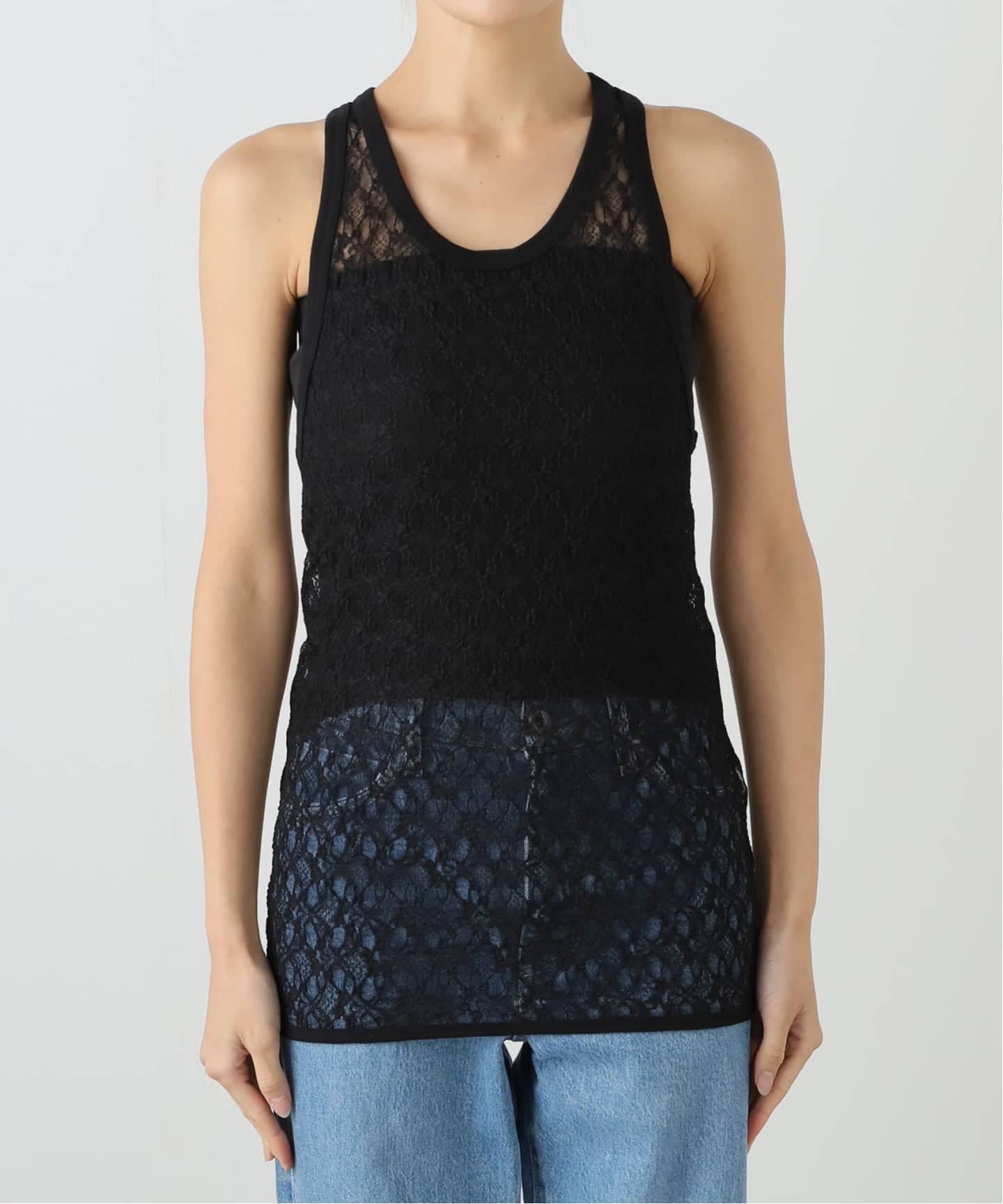 フレームワーク レースタンクトップ 黒 IRONING/アイロニング flower lace タンクトップ（タンクトップ