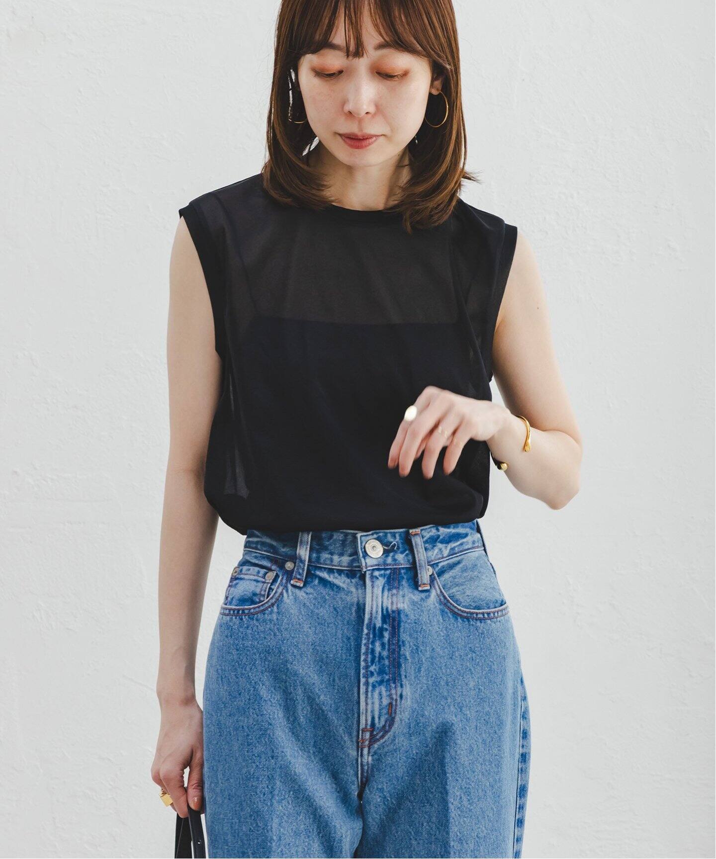 （ノーブル）シァースキニーノースリーブニットBLACK完売 追加2》シアースキニーノースリーブトップス（Tシャツ