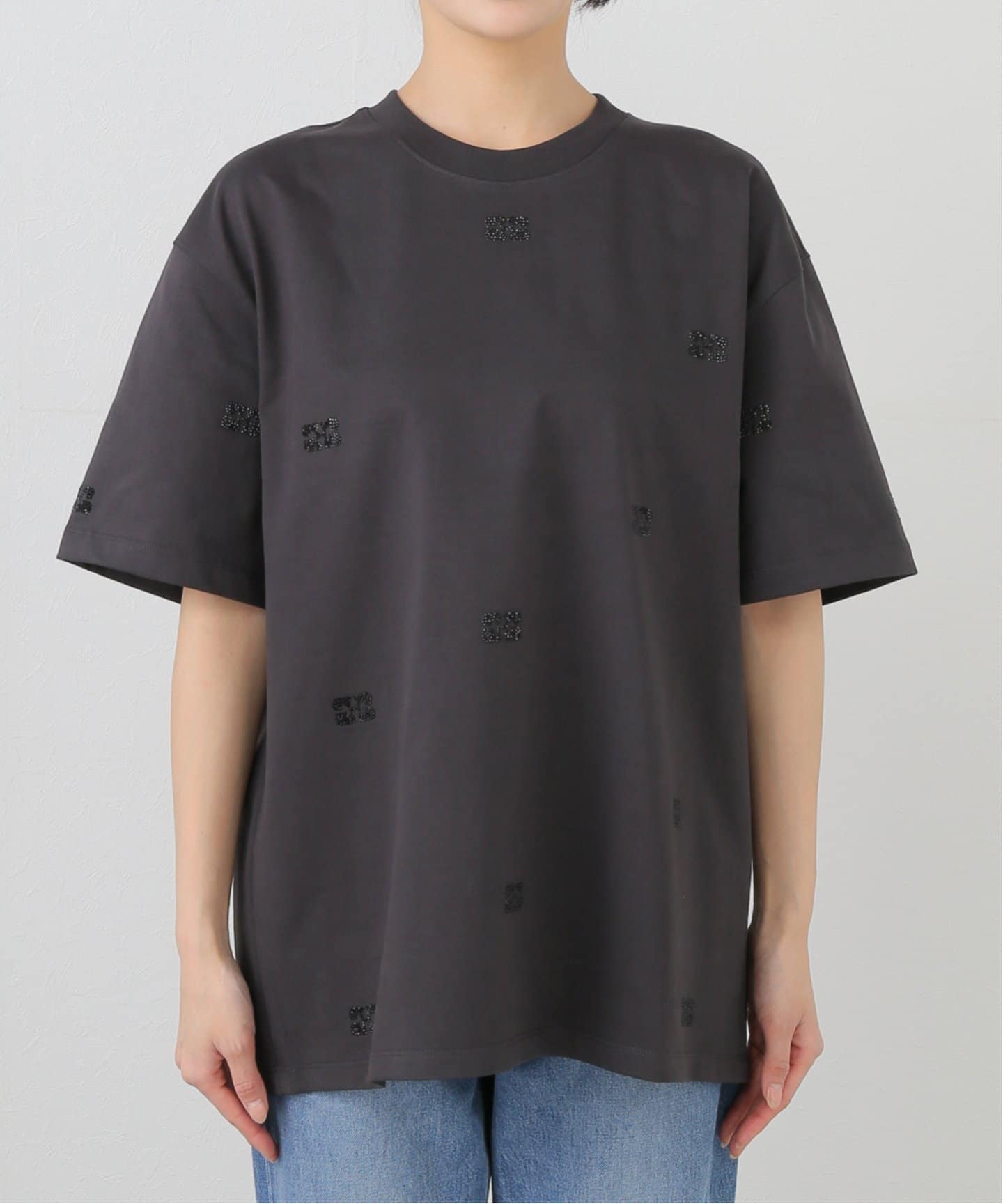 GANNI/ガニ―】Heavy Cotton Rhinestone Drop Shoul：Tシャツ（T