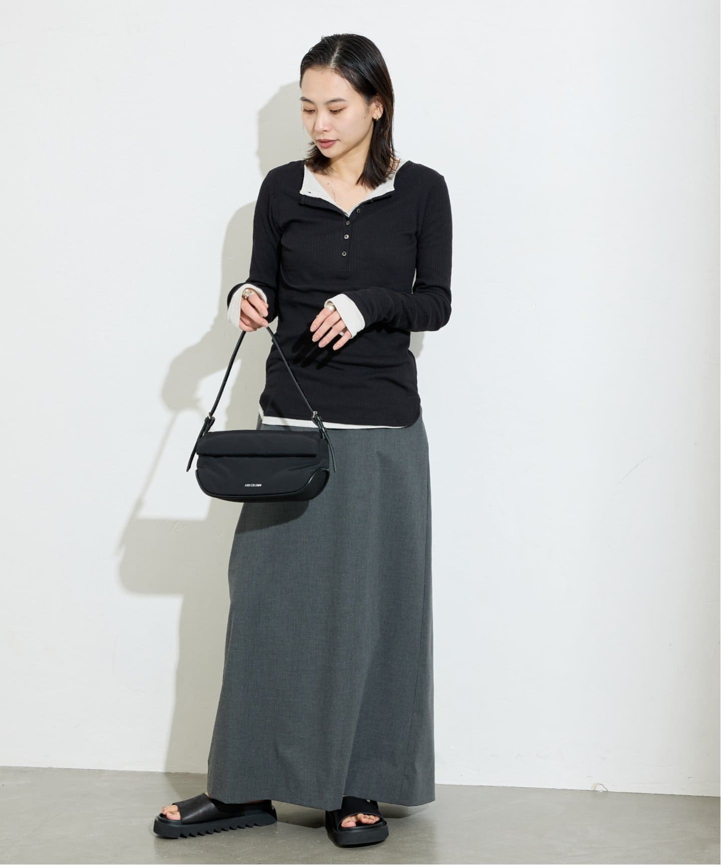 シアーヘンリーネックプルオーバー　ブラック ENC tシャツ henry neck sheer pullover / ヘンリーネックシアープル