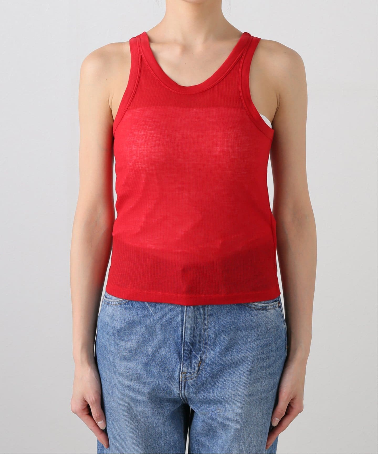 VERSO/ヴェルソ】SHEER RIBBED SLEEVELESS TOP（タンクトップ