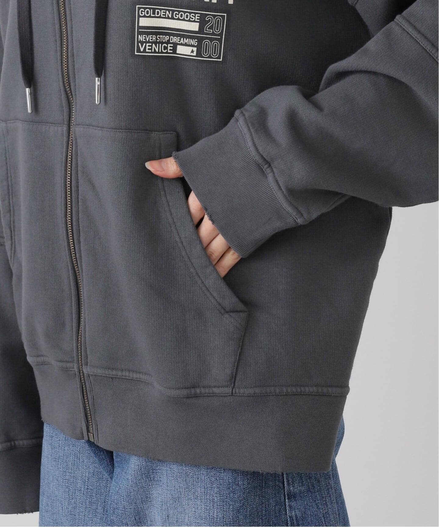 ゴールデングース　ロングパーカー ファスナー＆刺繍入りフード クロップドパーカー コットン（ダークブルー）