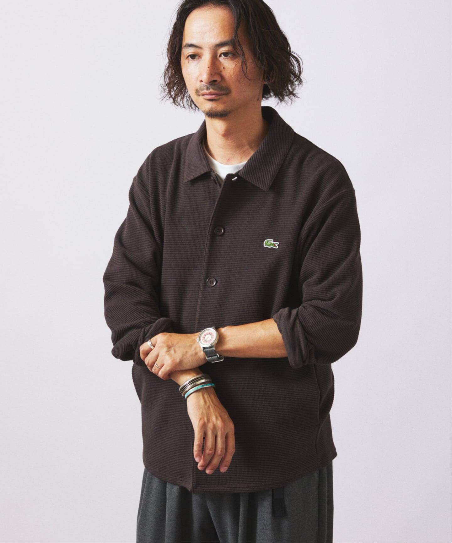 極美品✨️LACOSTEシャツジャケット長袖 グレー ロゴ刺繍 別注 日本製 春夏 LACOSTE / ラコステ 別注 ヘビーピケ シャツ ジャケット（カーディガン