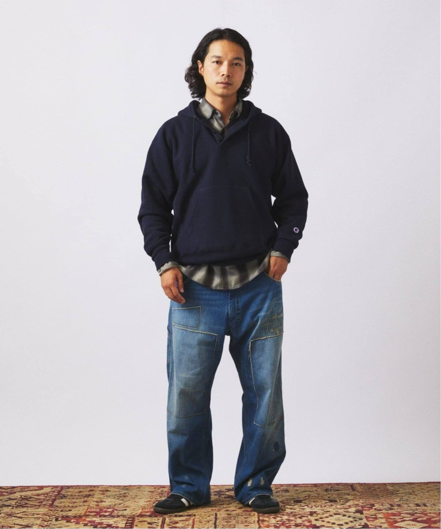 CHAMPION / チャンピオン 別注 R/W エルボーパッチ ヘンリーネック