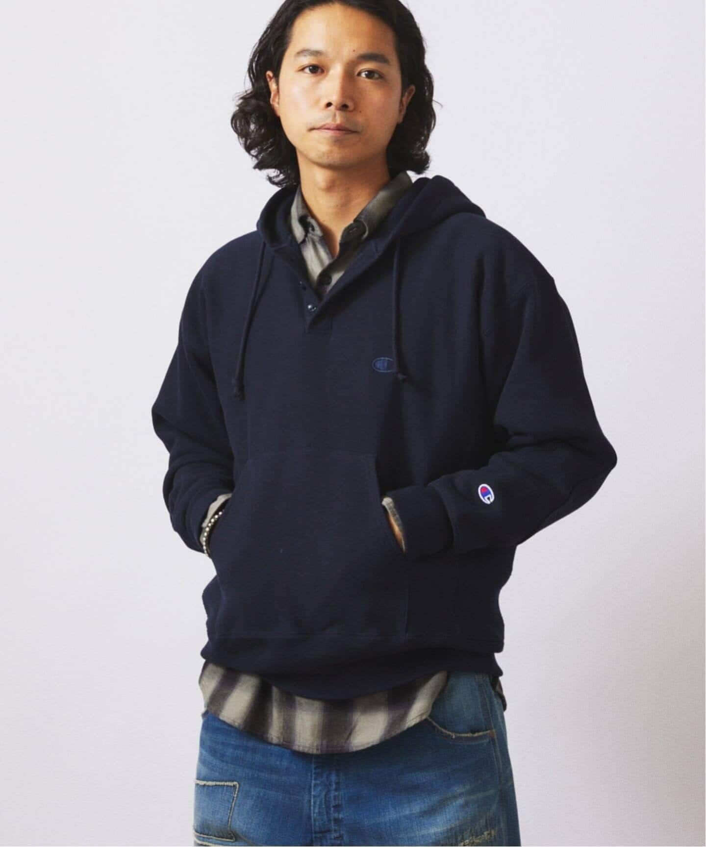 Champion リバースウィーブ エルボーパッチ ネイビー 別注 Champion（チャンピオン） カーディガン 別注 R/W エルボーパッチ