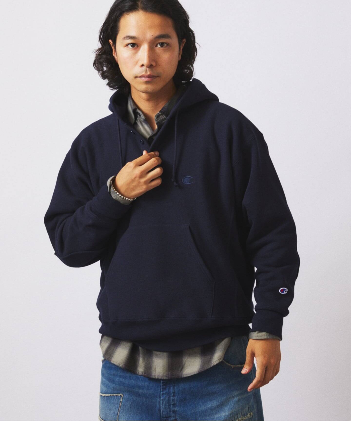 CHAMPION / チャンピオン 別注 R/W エルボーパッチ ヘンリーネック