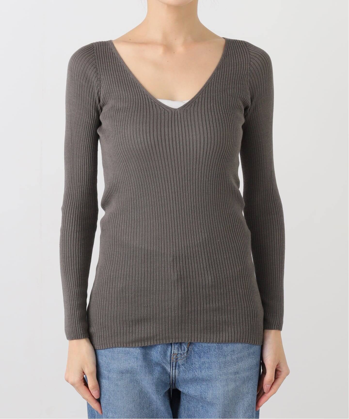 シルク混リブVネックプルオーバー（Tシャツ／カットソー）｜EMILY WEEK