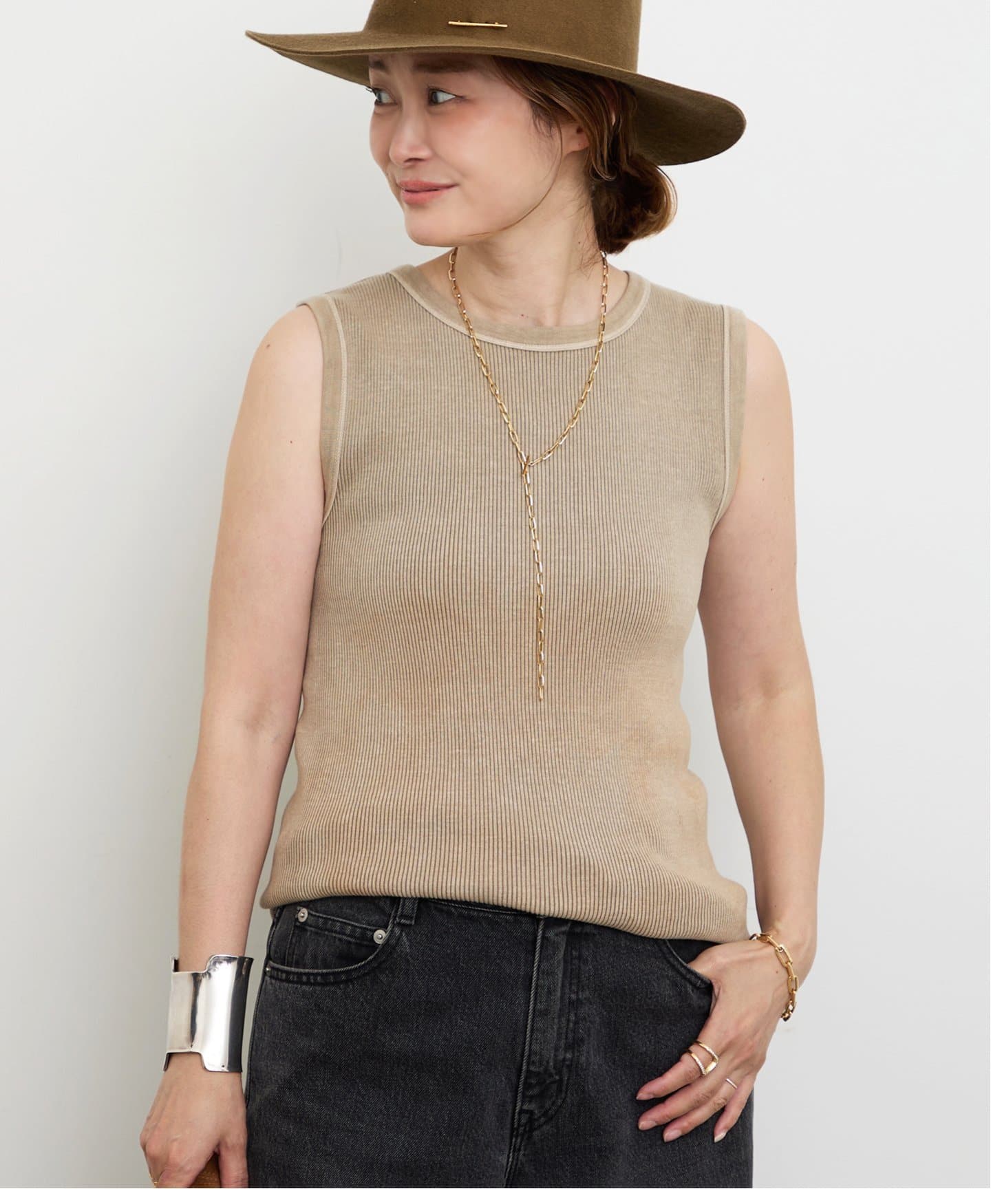Deuxieme Classe◆ノースリーブカットソー/--/コットン/カーキ/20-070-500-7051 Vintage ノースリーブ Tシャツ（Tシャツ／カットソー