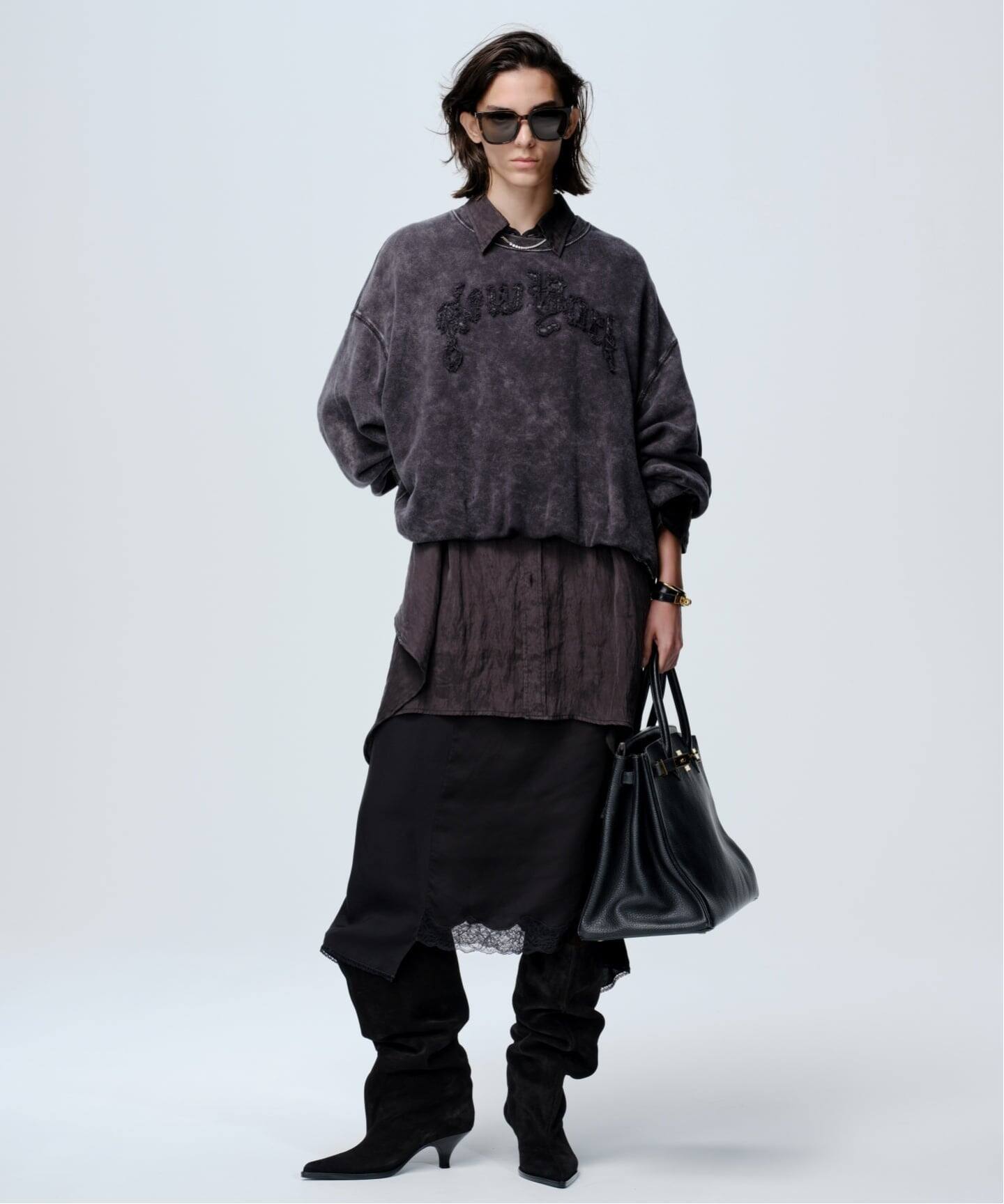R13ユーズド加工スウェットNew Yorkバルーンクルーネック黒系M R13/アールサーティーン】 NY BALLOON CREWNECK SWEAT（スウェット