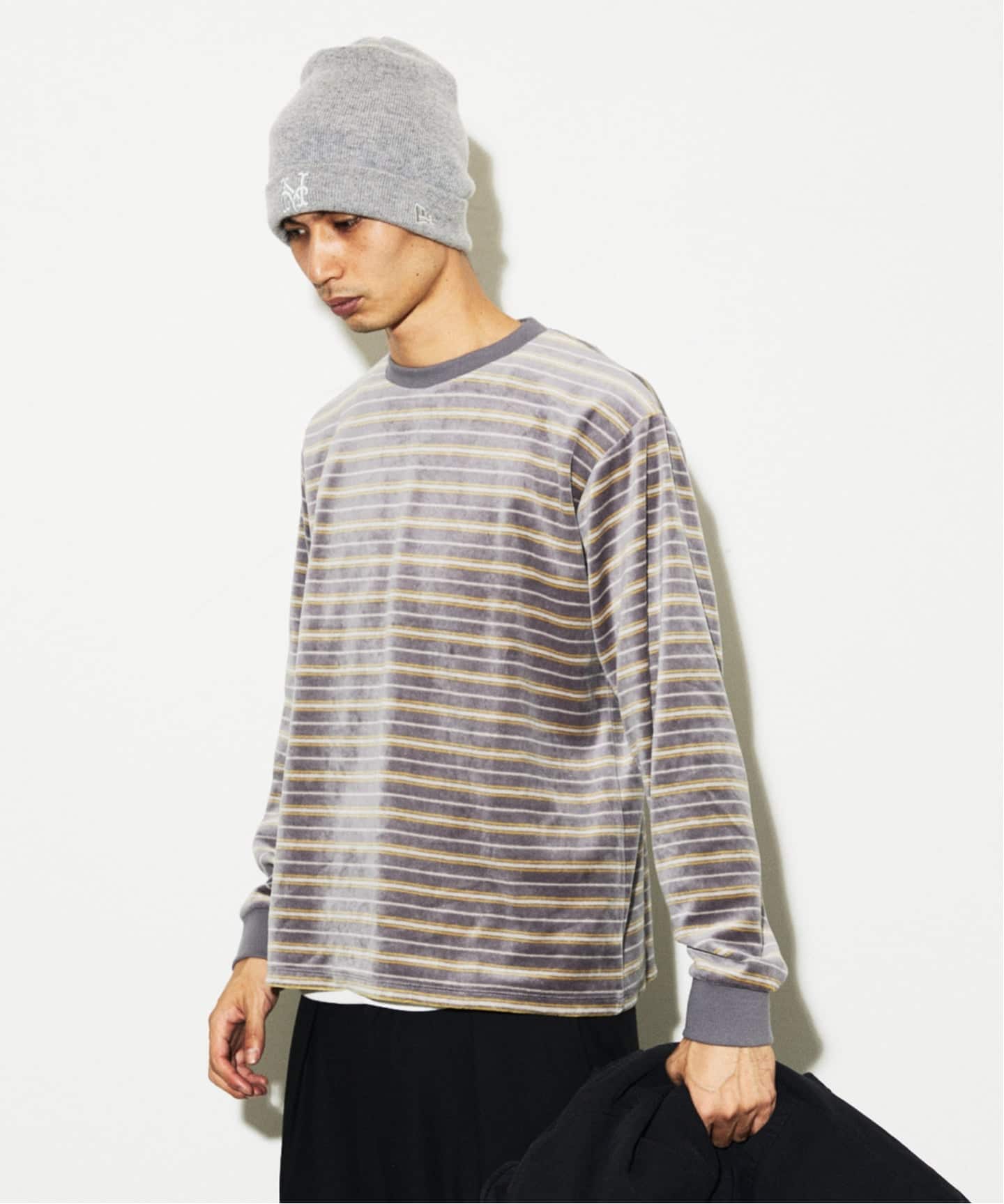 ベロア マイクロ ボーダー クルーネック ロンT（Tシャツ／カットソー