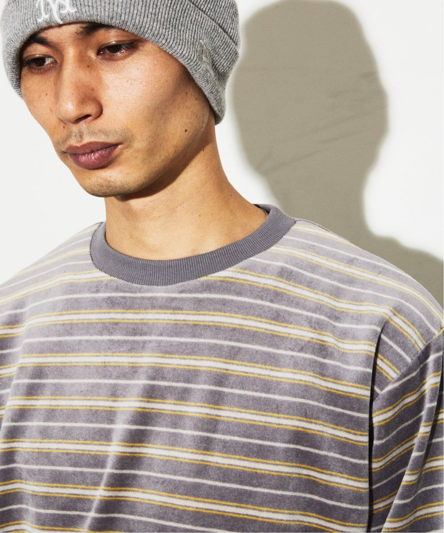 ベロア マイクロ ボーダー クルーネック ロンT（Tシャツ／カットソー
