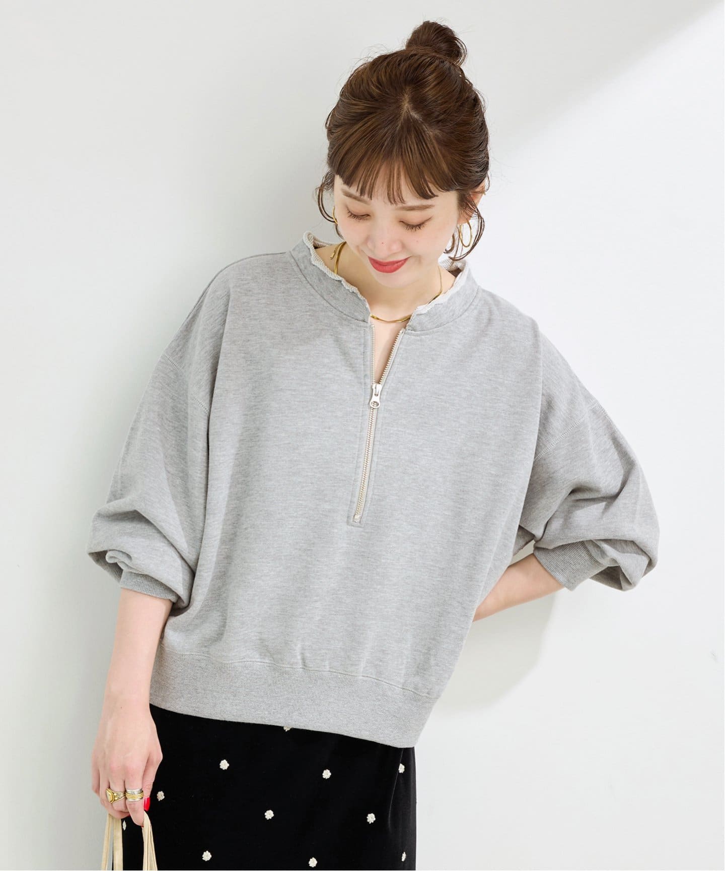 【ScoLar】裏毛ハーフジップ ・切替チェック シャツ ブルー ScoLar】裏毛ハーフジップ ・切替チェック シャツ ブルー