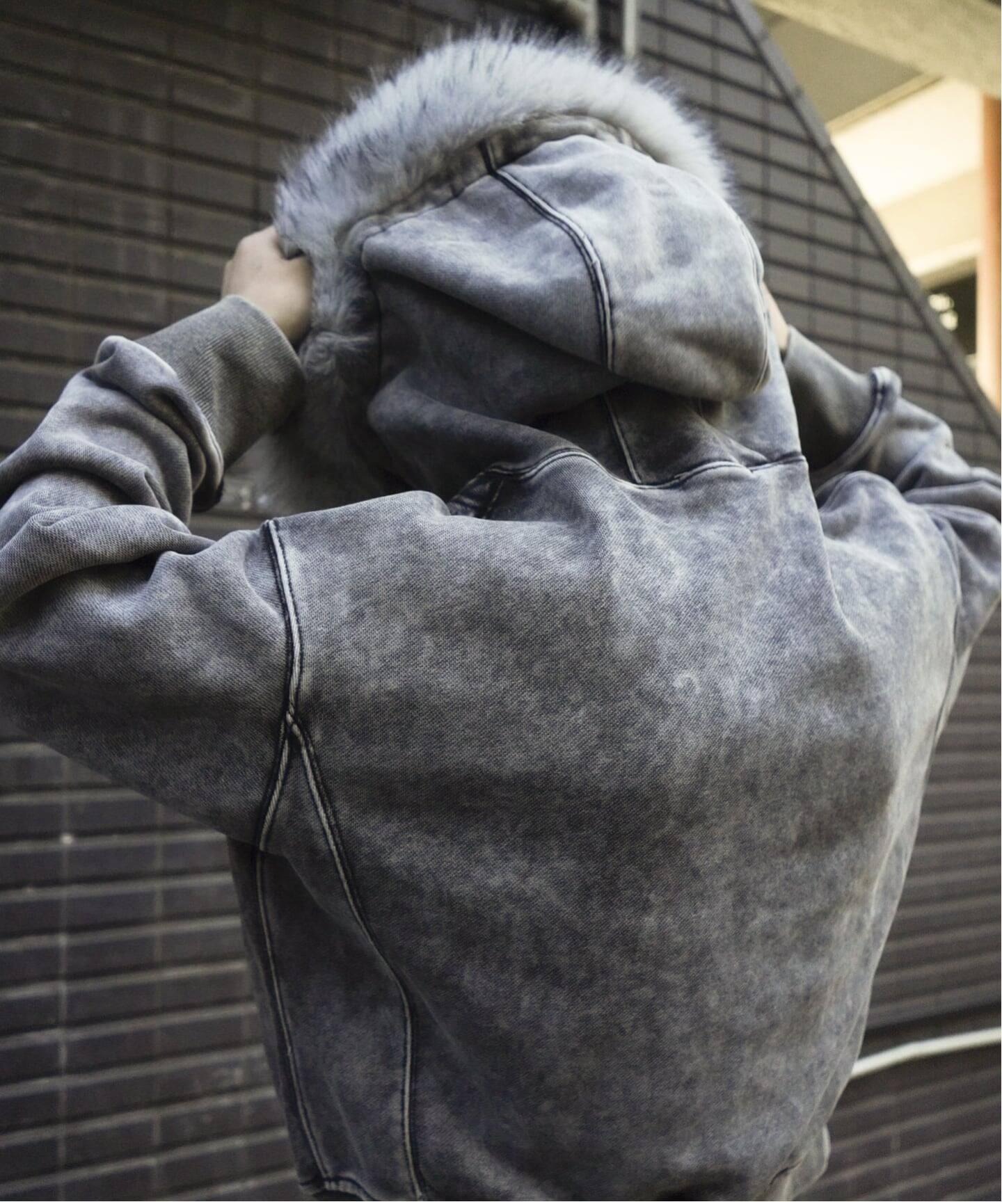 ウォッシュ加工 ファー ジップパーカー / Washed Faux Fur Zip Hoodie