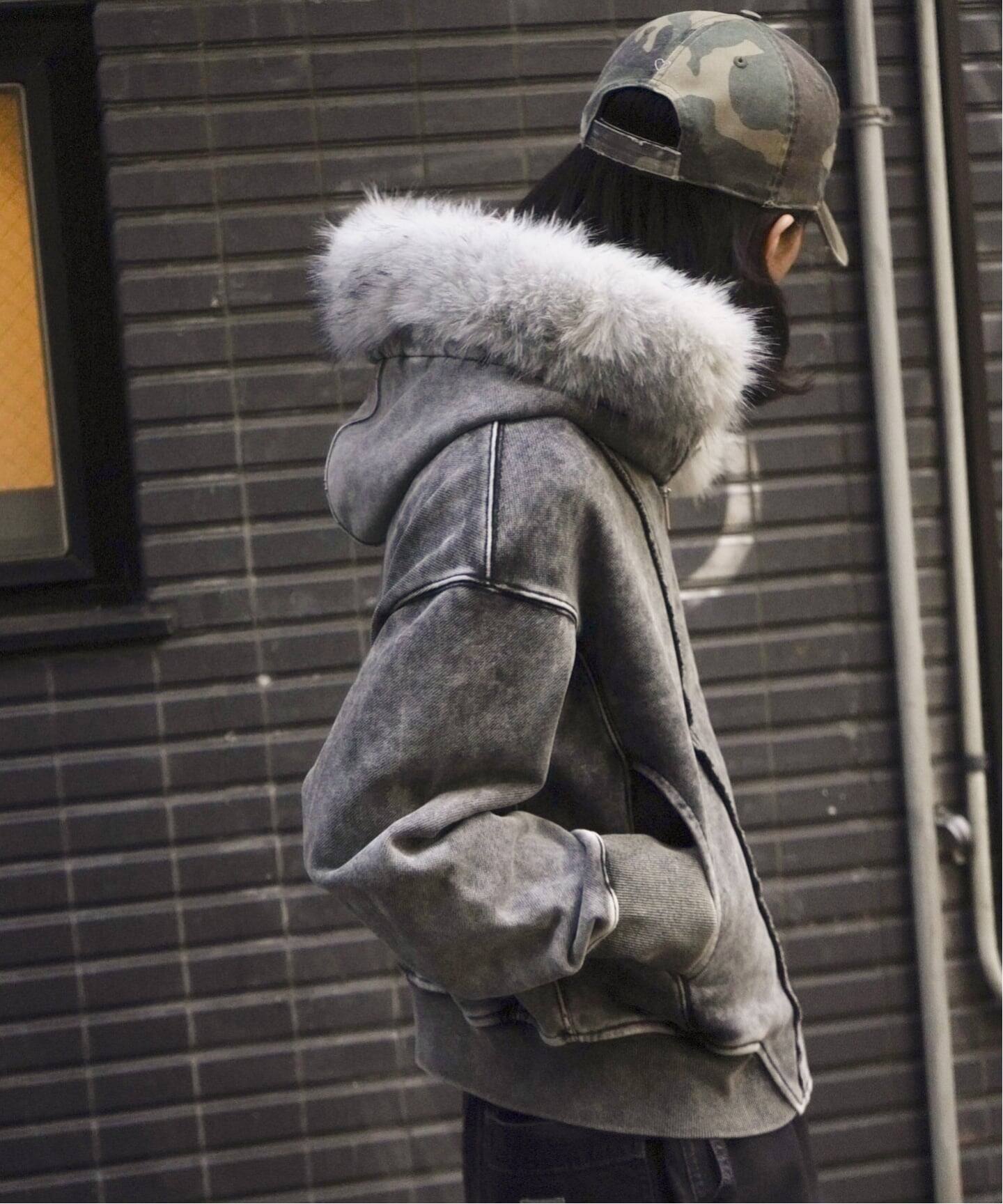 ウォッシュ加工 ファー ジップパーカー / Washed Faux Fur Zip Hoodie 