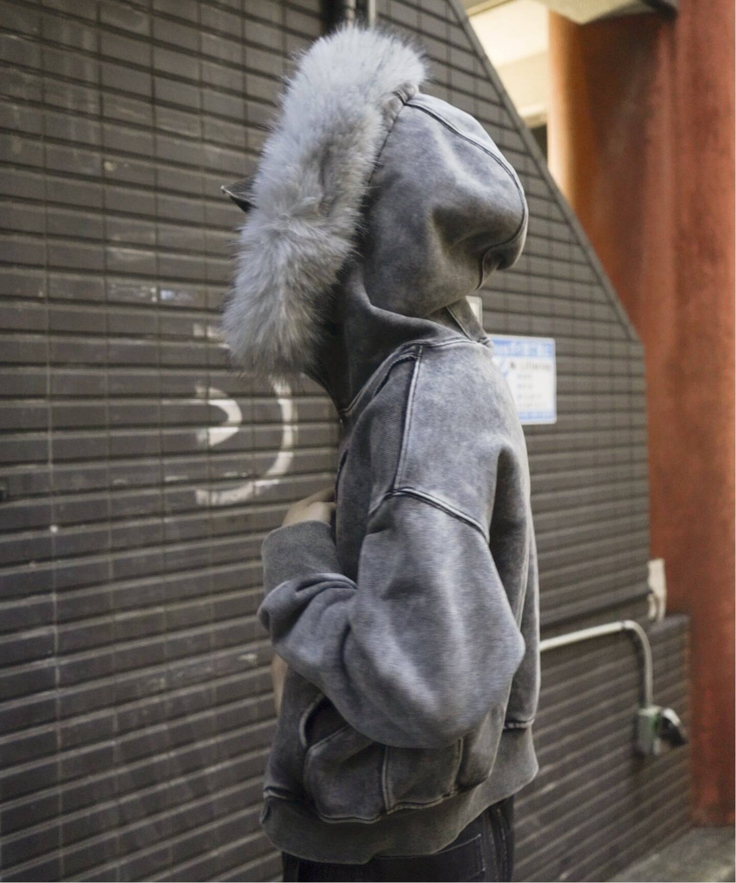 ウォッシュ加工 ファー ジップパーカー / Washed Faux Fur Zip Hoodie