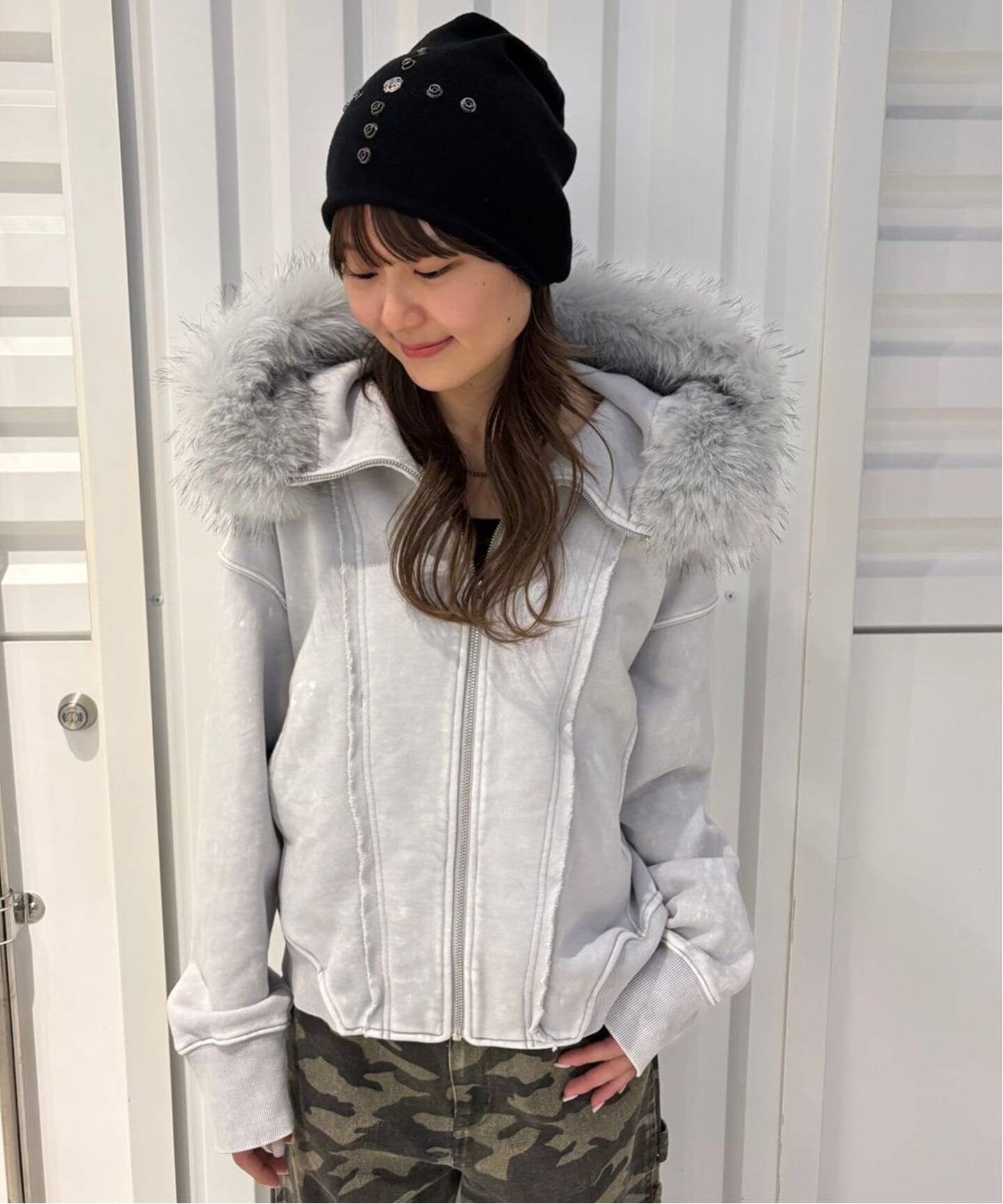 ウォッシュ加工 ファー ジップパーカー / Washed Faux Fur Zip Hoodie
