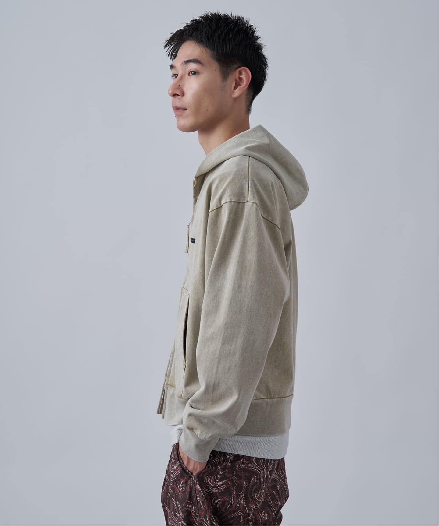 ANTS & ELEPHANTS】ブリーチ加工 ショート丈 ダブルジップパーカー