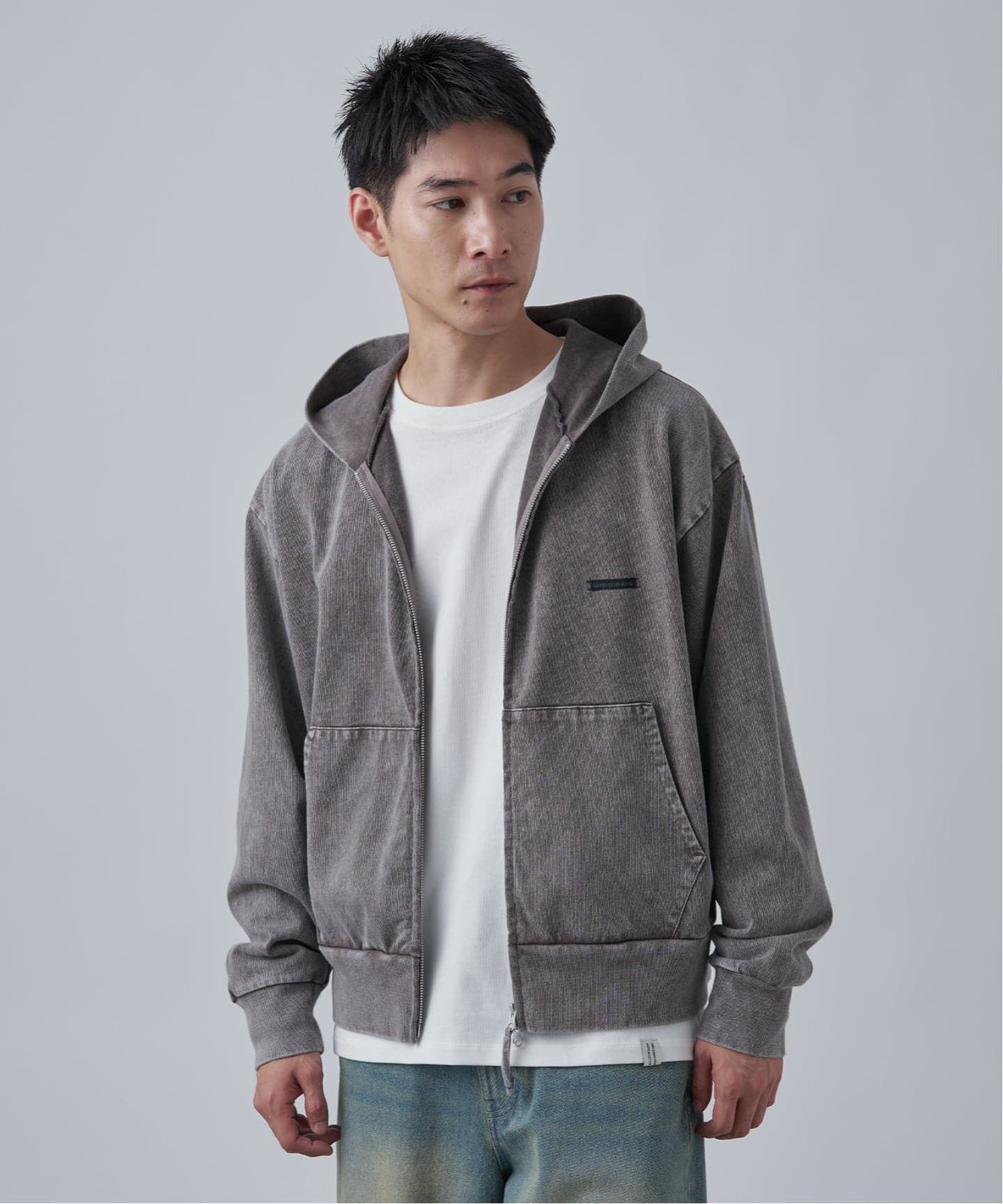 ANTS & ELEPHANTS】ブリーチ加工 ショート丈 ダブルジップパーカー