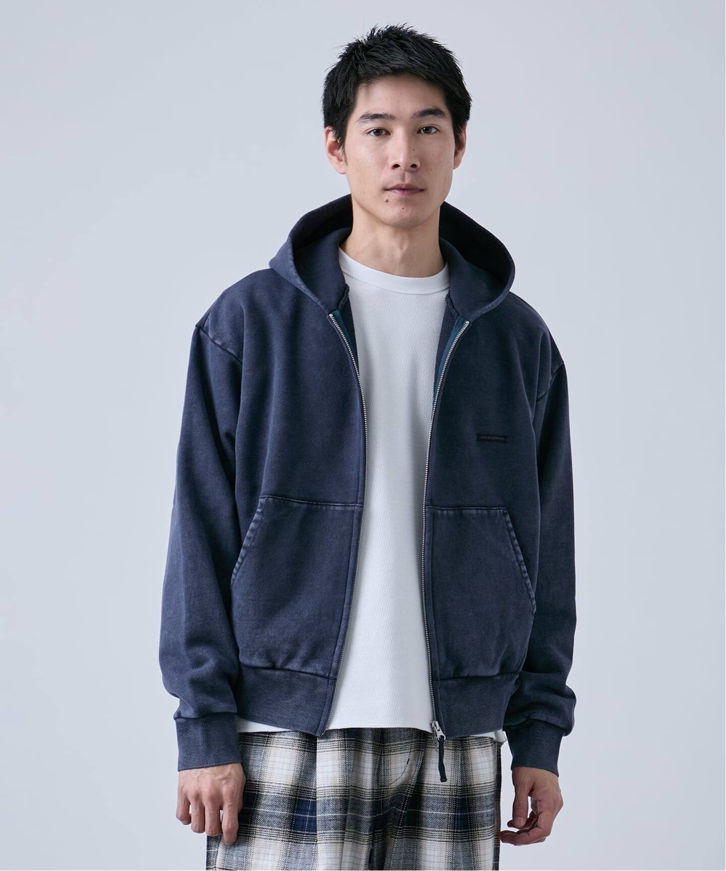 ANTS & ELEPHANTS】ブリーチ加工 ショート丈 ダブルジップ裏毛パーカー