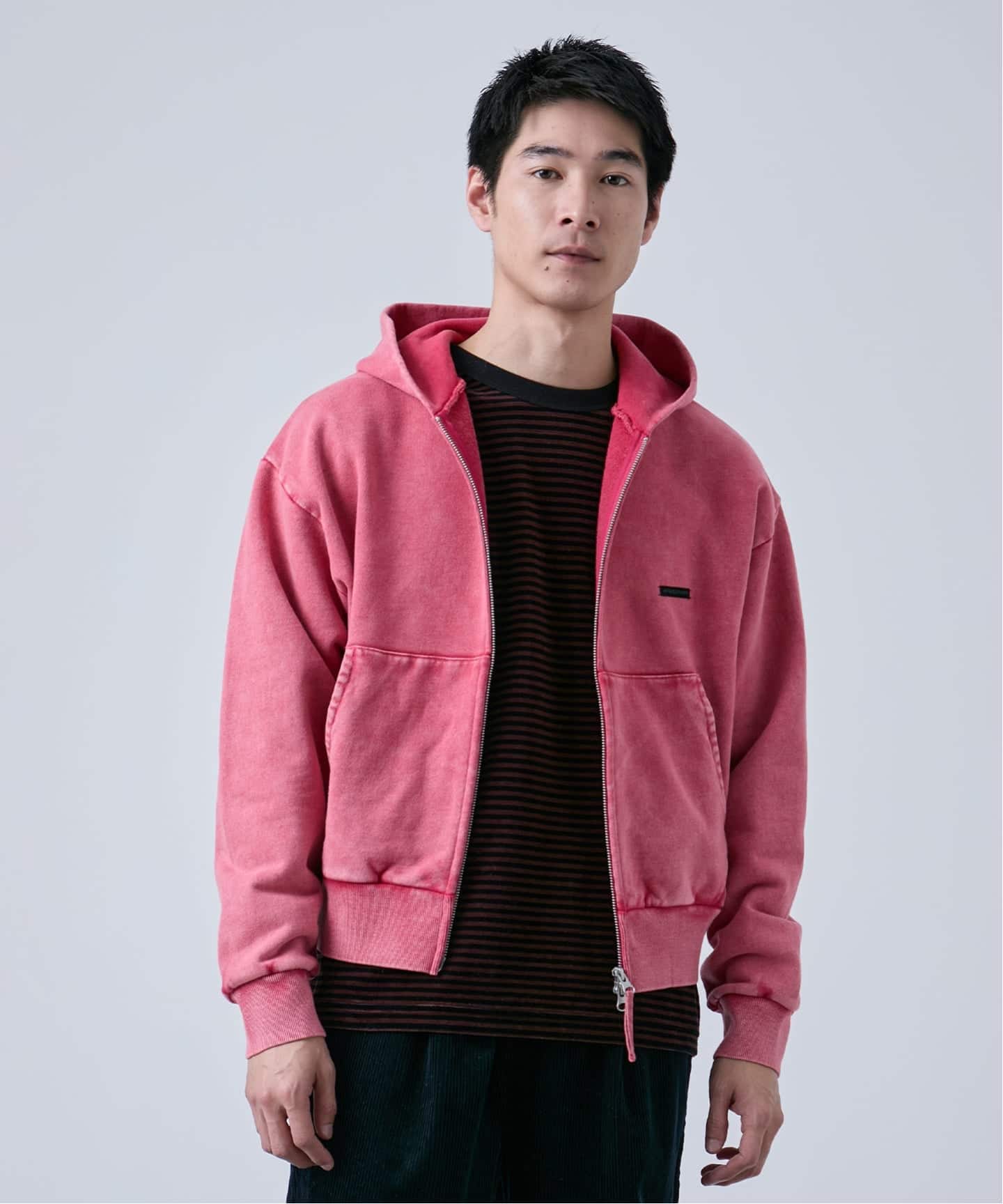 ANTS & ELEPHANTS】ブリーチ加工 ショート丈 ダブルジップ裏毛パーカー