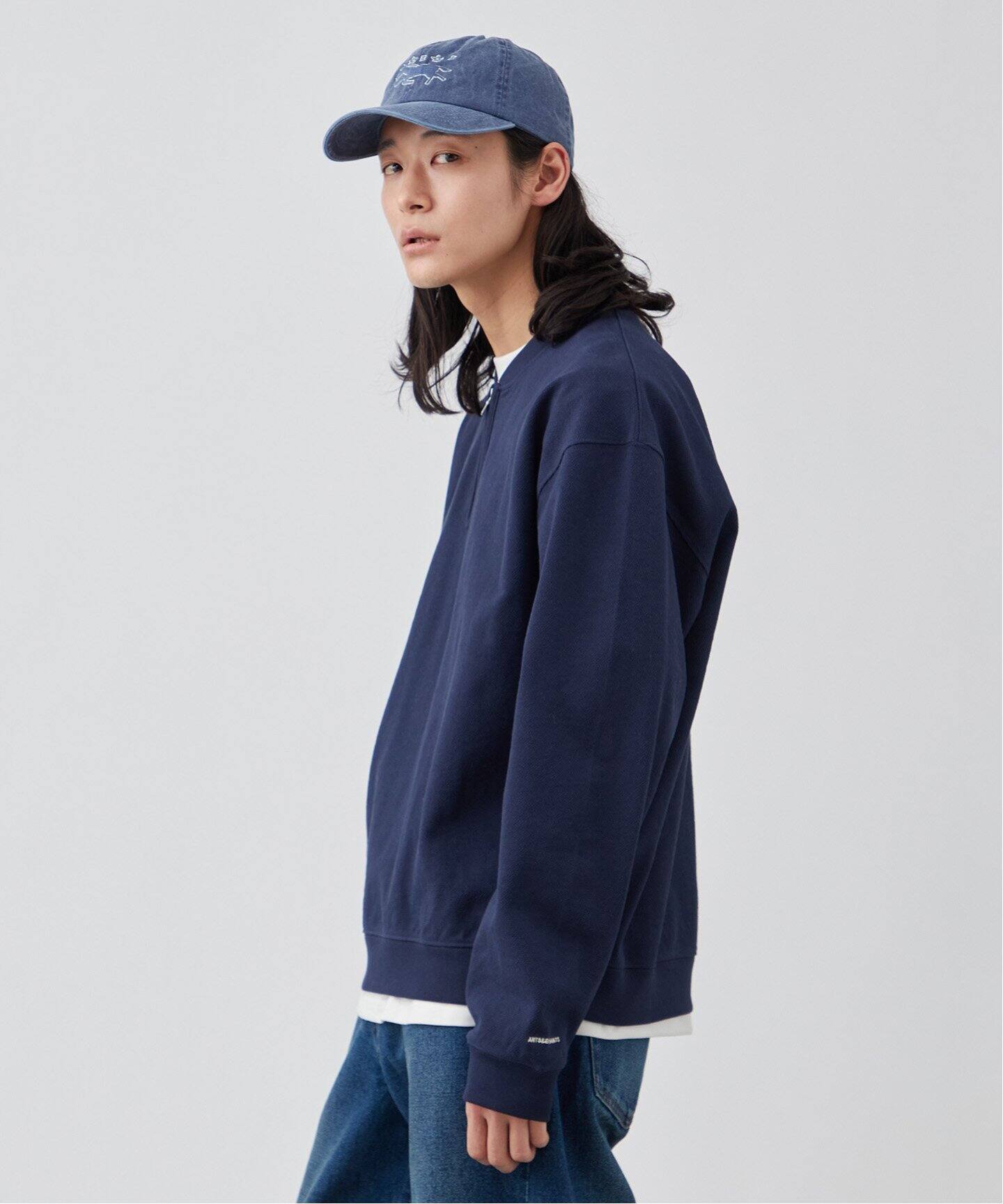 【ann】SEA FOOTBALL クロップド　スウェット ネイビー ANTS & ELEPHANTS】ジップ ヘンリーネックスウェット