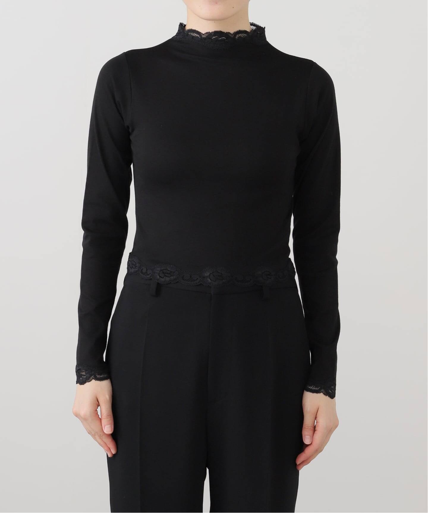 【EDIT. FOR LULU】lace trim top black 追加》レーストリムハイネックトップ（Tシャツ／カットソー