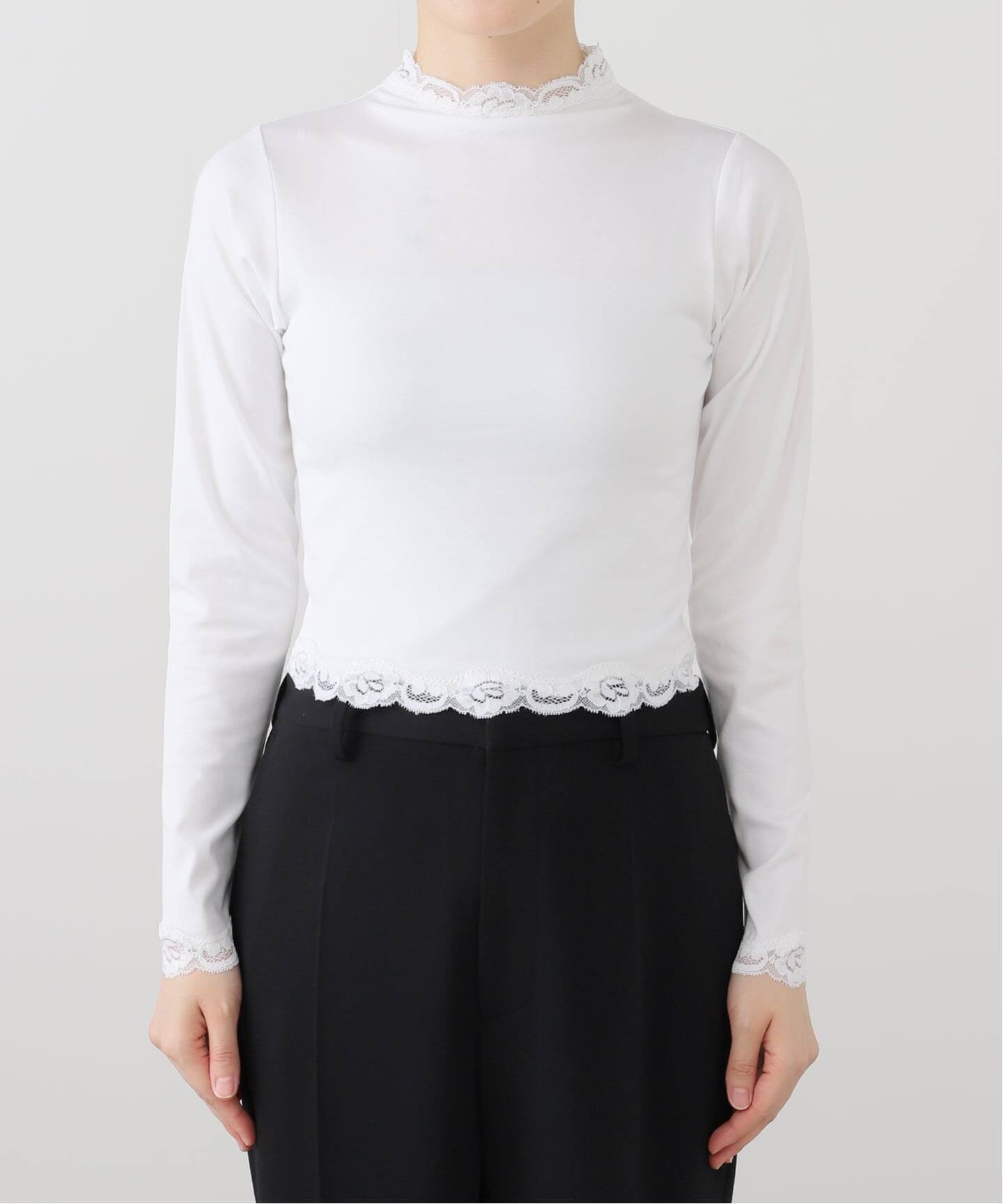 完売品【EDIT.FOR LULU】 レーストリムハイネックトップ(ホワイト) 追加》レーストリムハイネックトップ（Tシャツ／カットソー