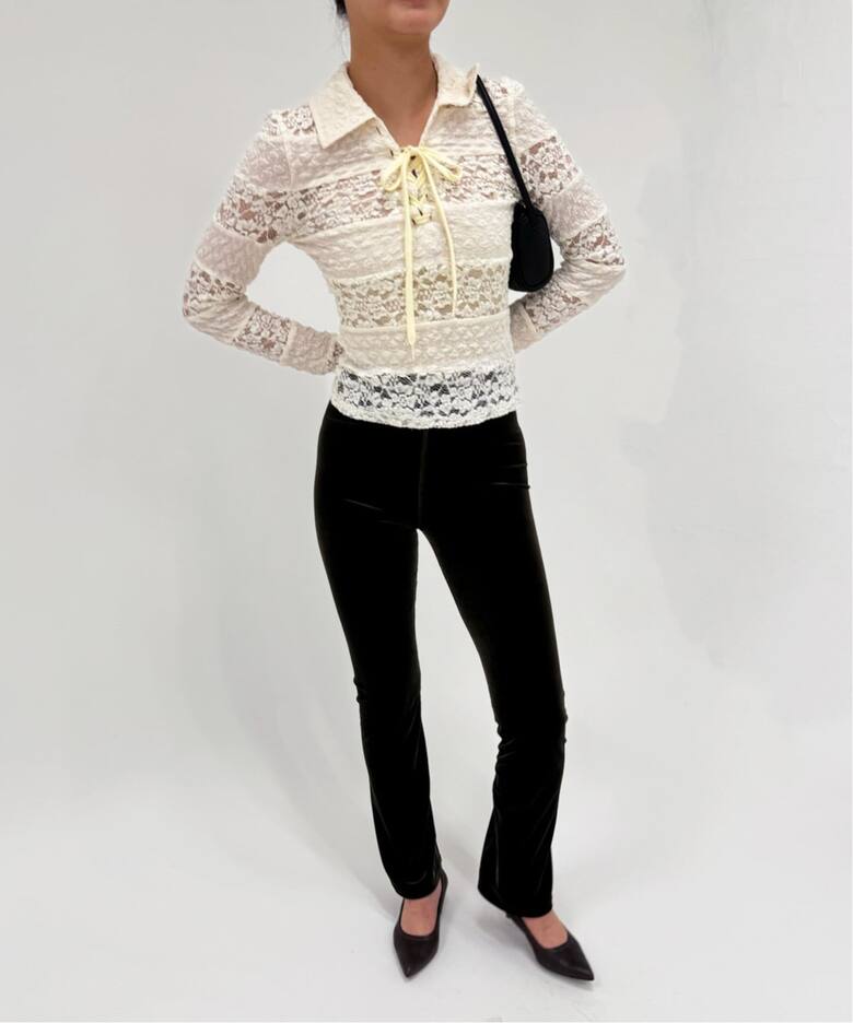 YUHAN WANG/ユハン ワン】collared stripe lace polotop（Tシャツ 