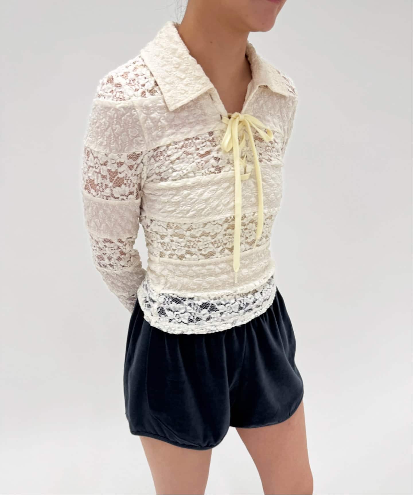 YUHAN WANG/ユハン ワン】collared stripe lace polotop（T