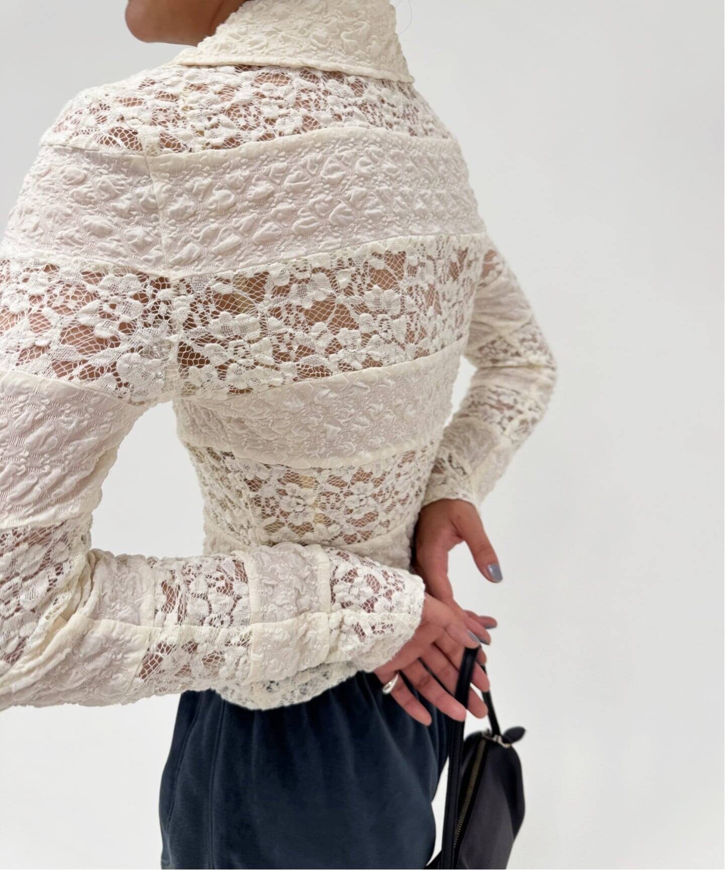YUHAN WANG/ユハン ワン】collared stripe lace polotop（T